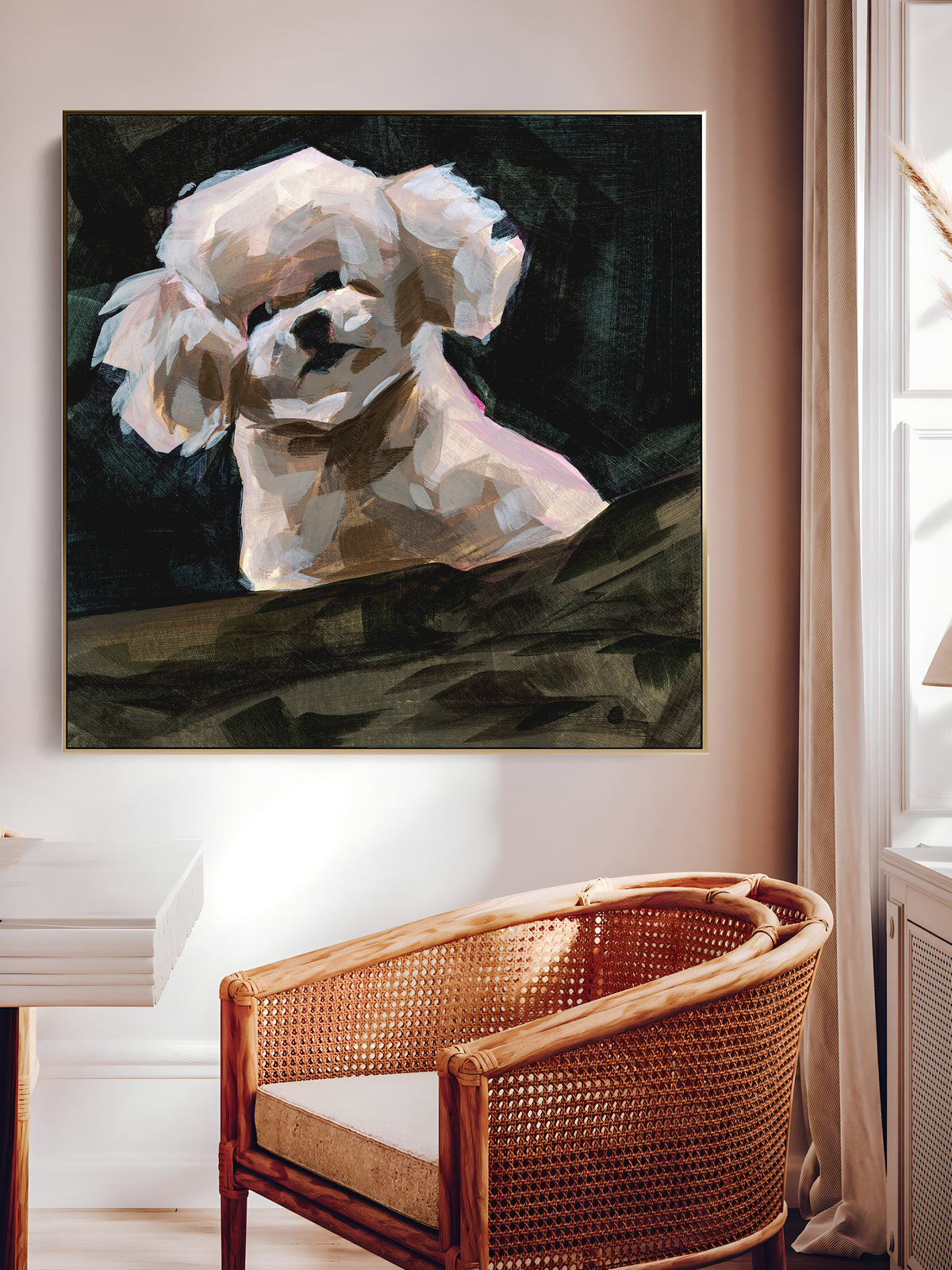 a painting of a dog on a wall above a chair