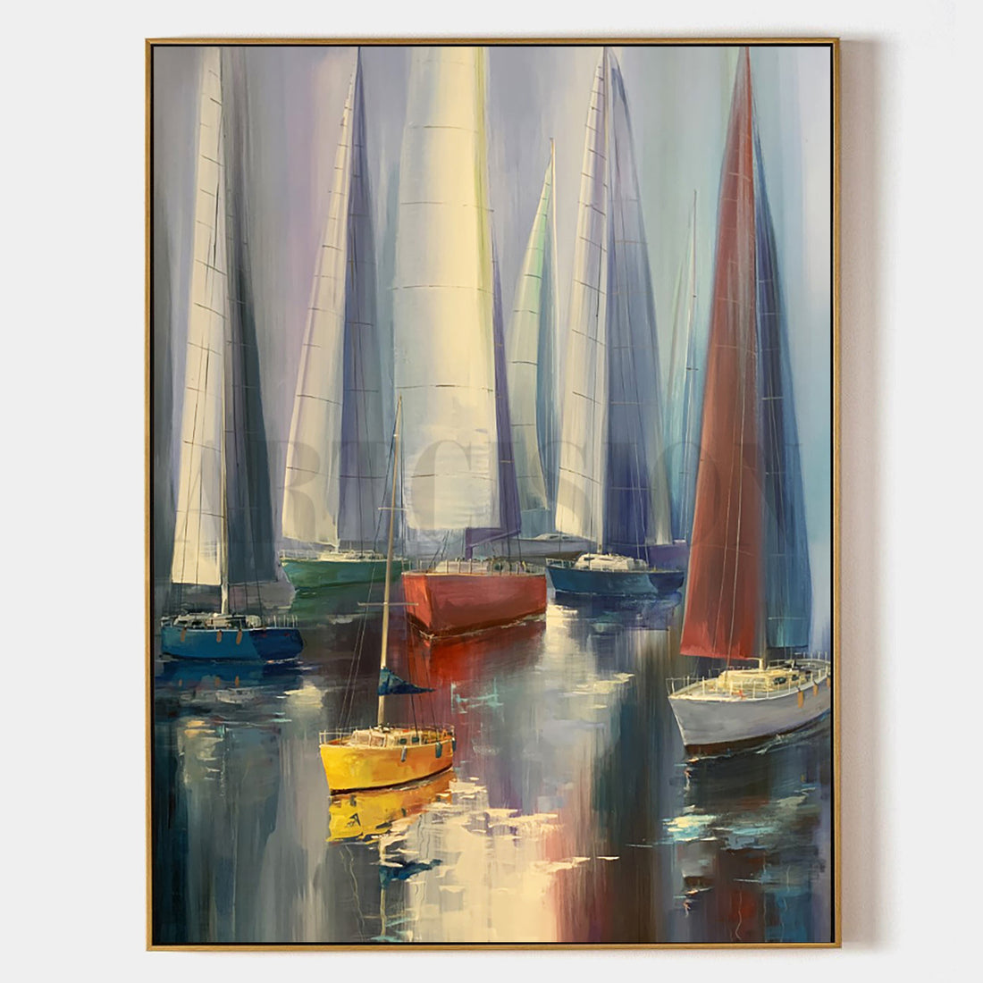 a painting of sailboats floating in a body of water