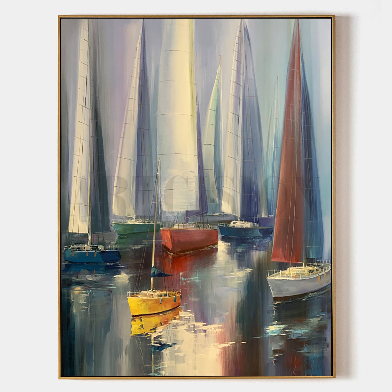 a painting of sailboats floating in a body of water