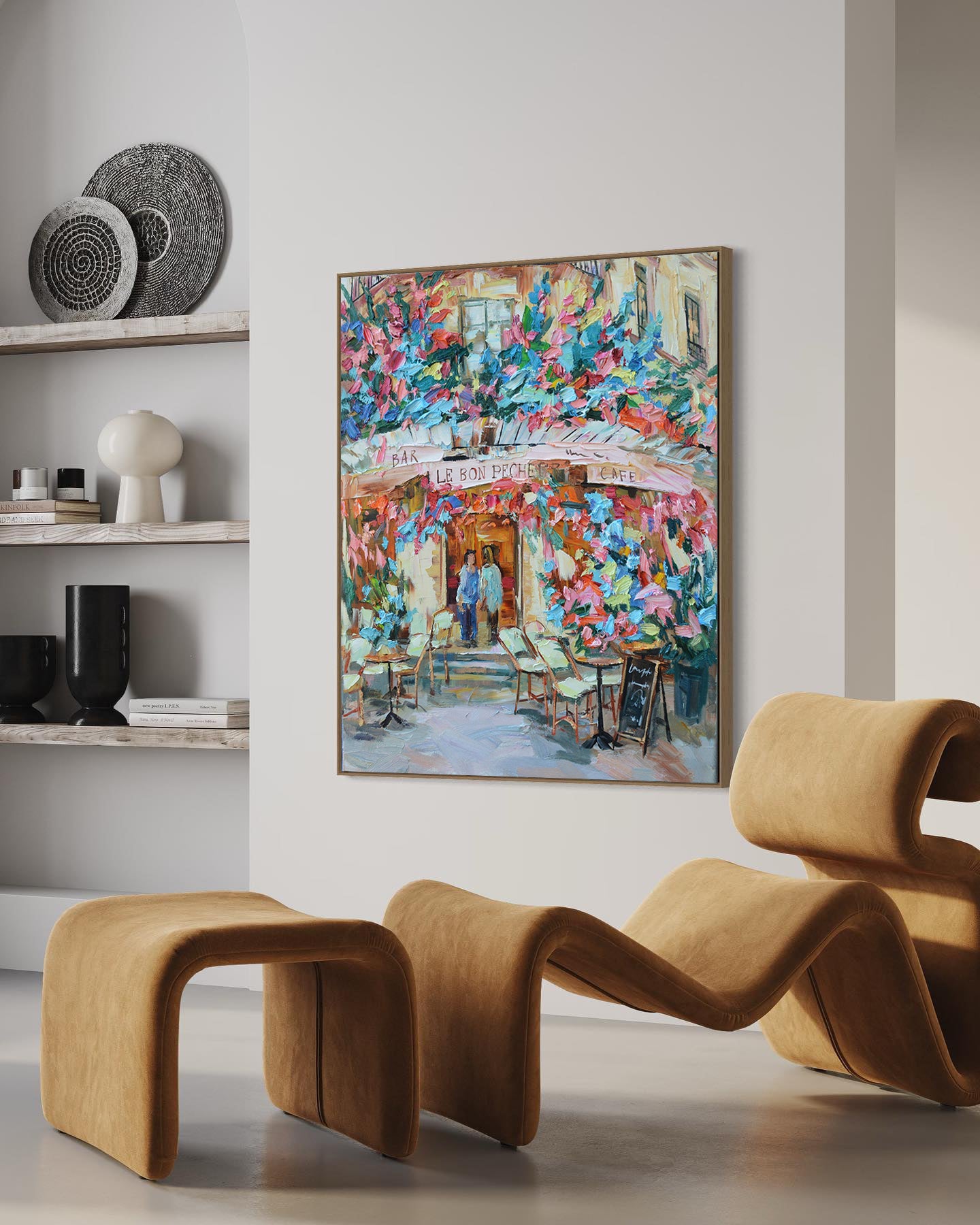 a living room with a painting on the wall