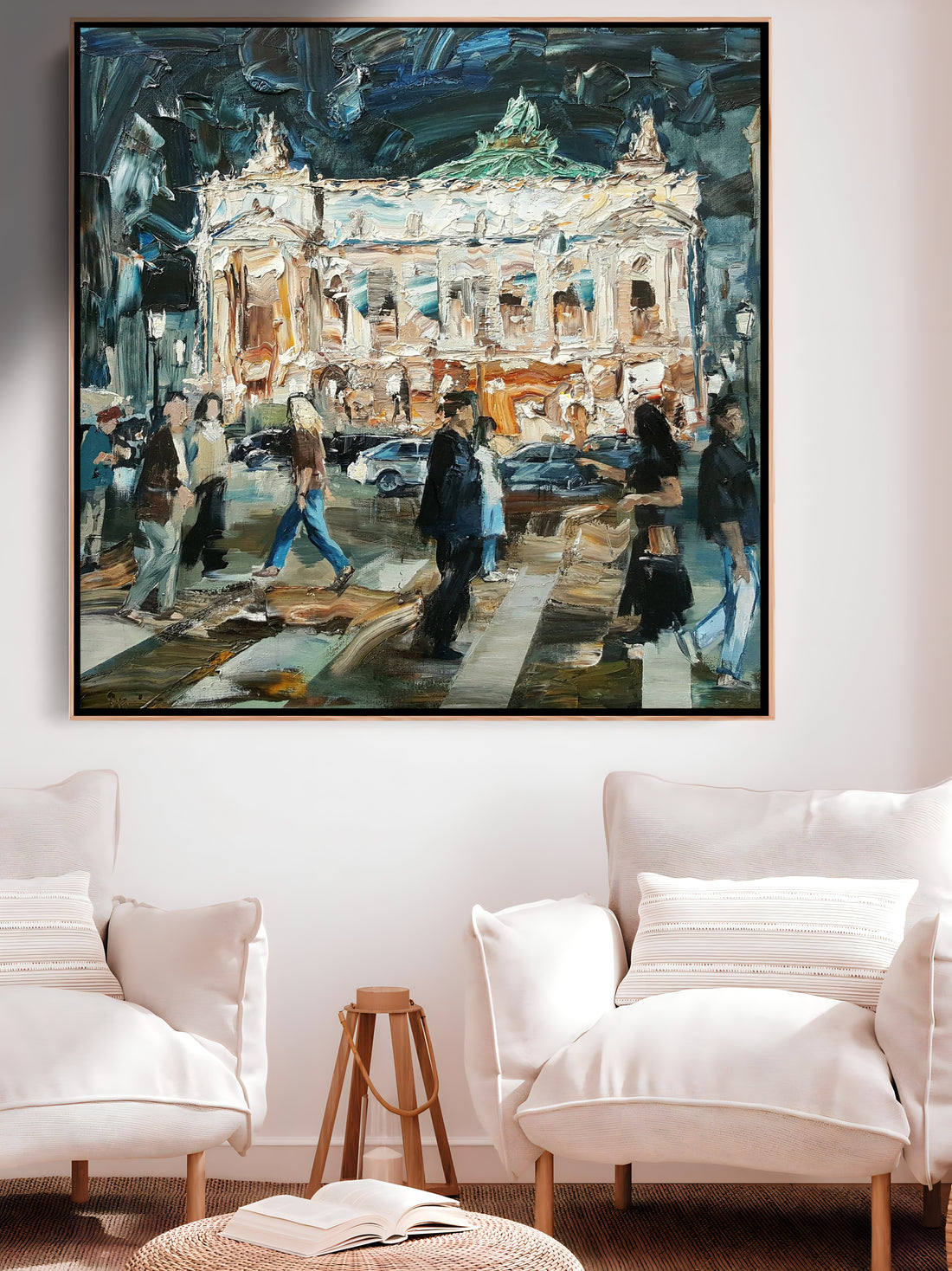 a painting of people walking on a city street