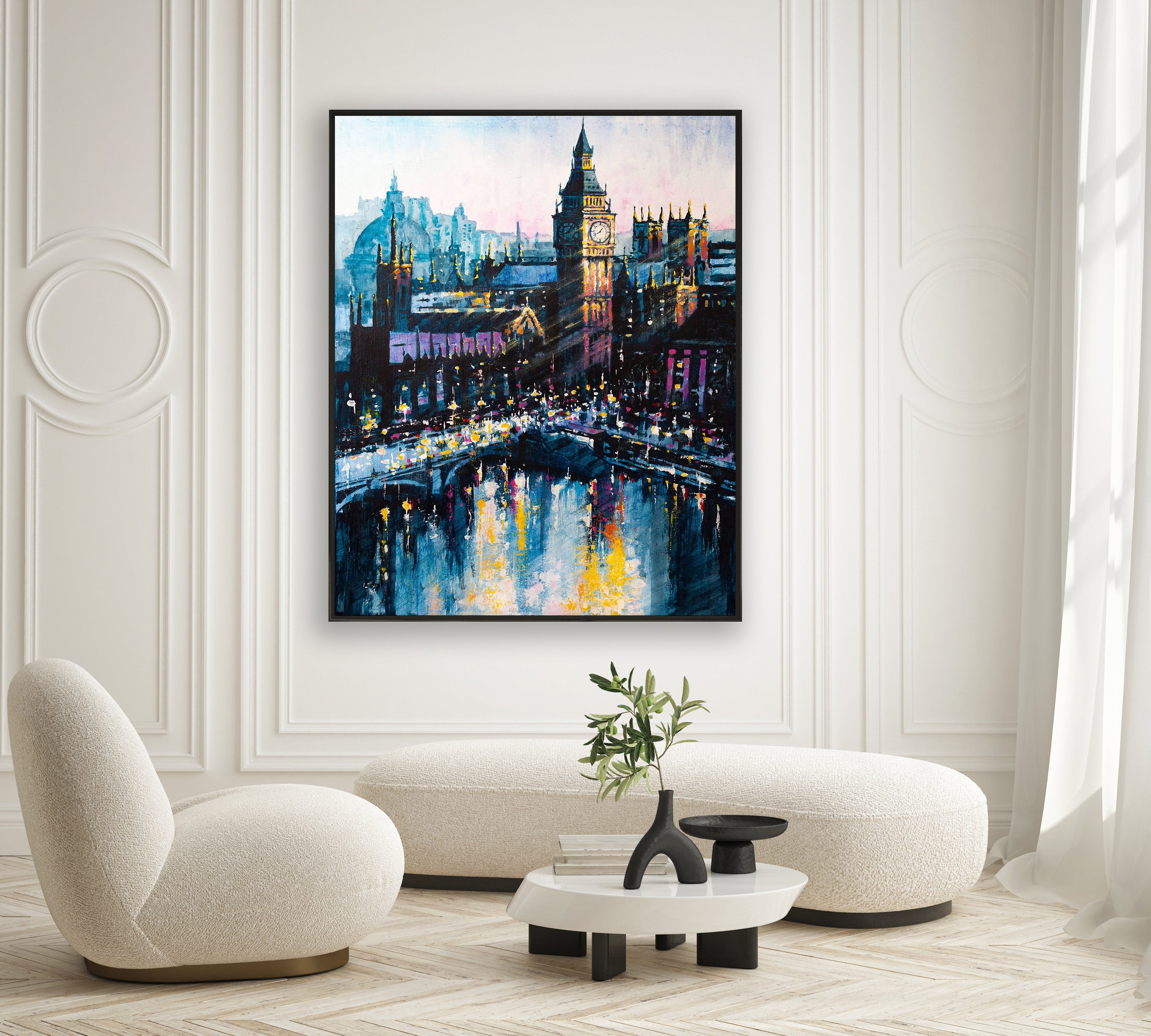 a living room with a painting of a cityscape