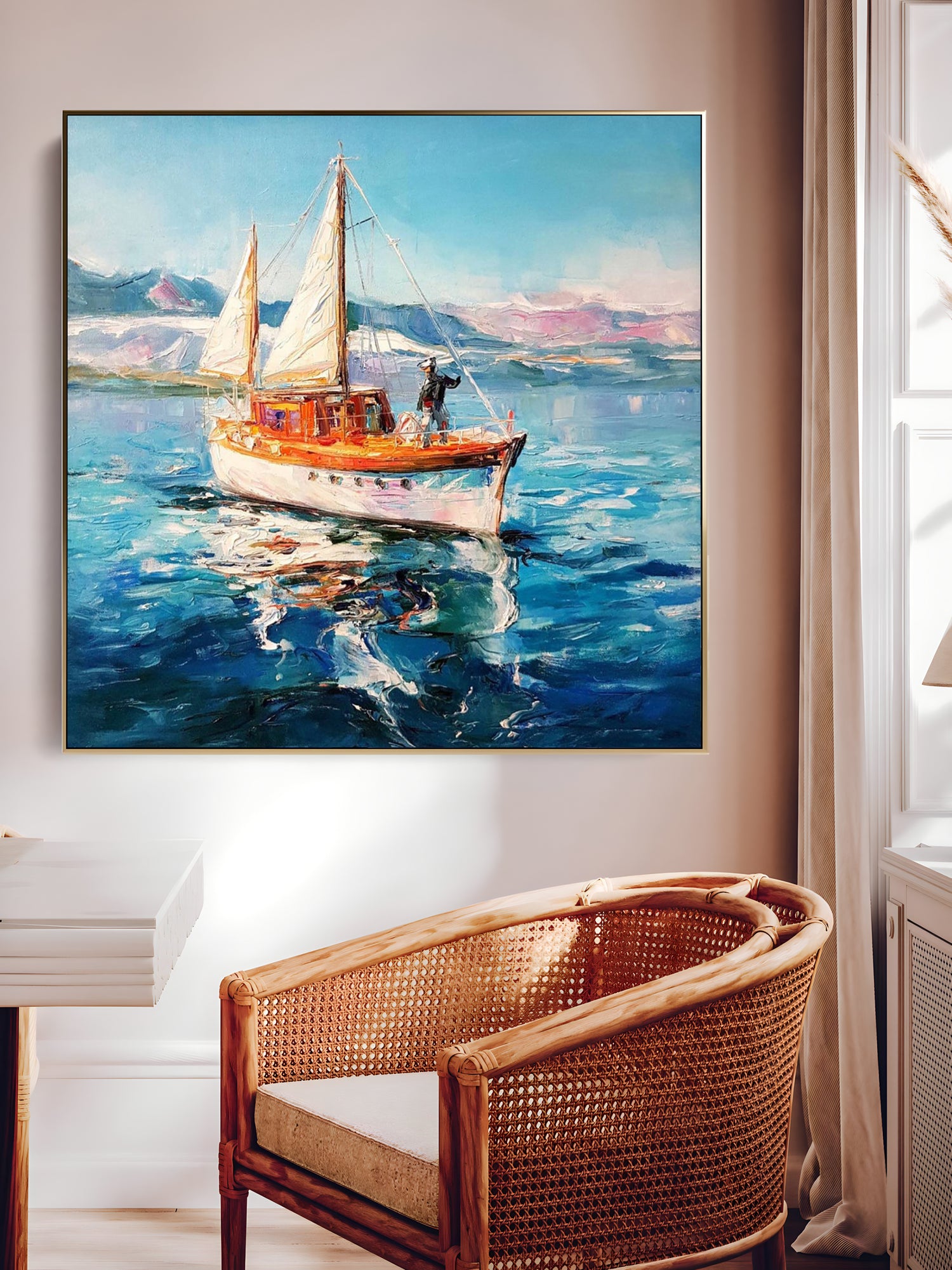 a painting of a boat in the ocean