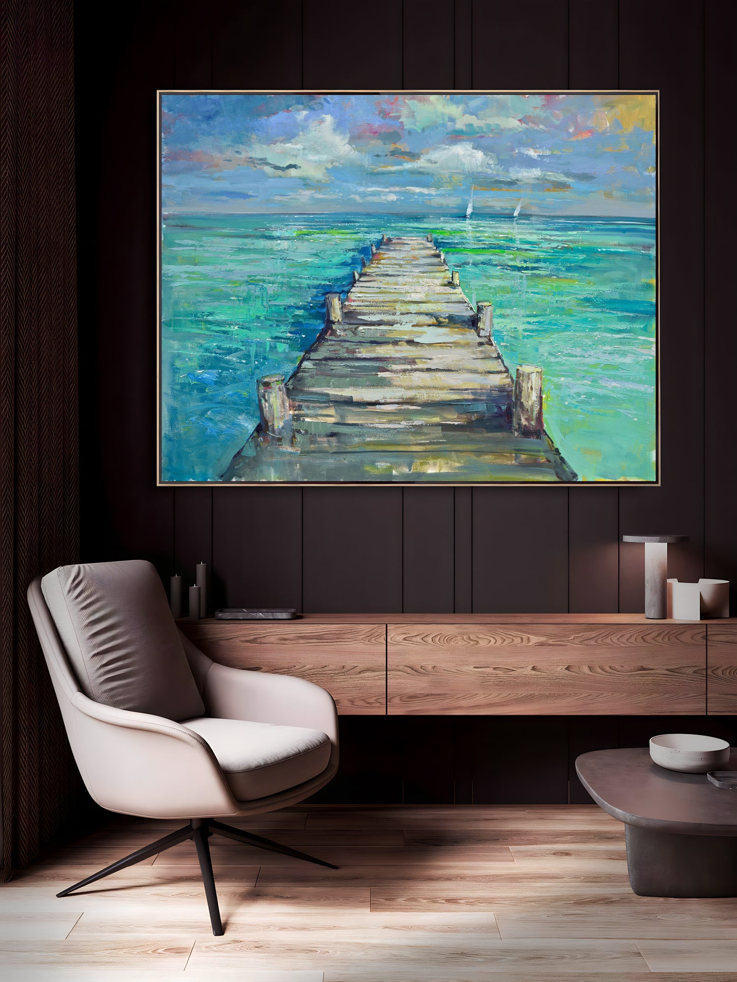 a painting of a dock leading into the ocean