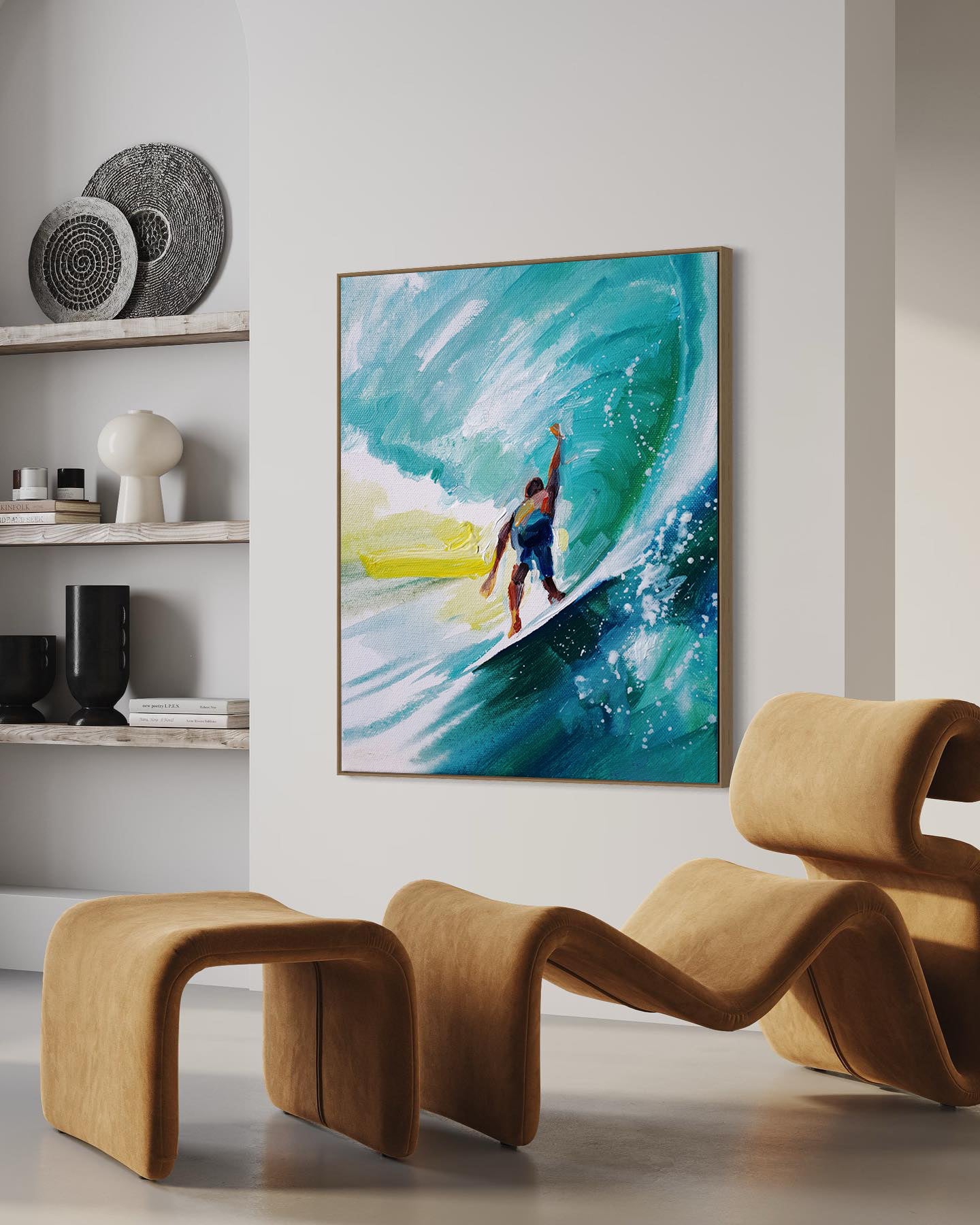 a painting of a surfer riding a wave