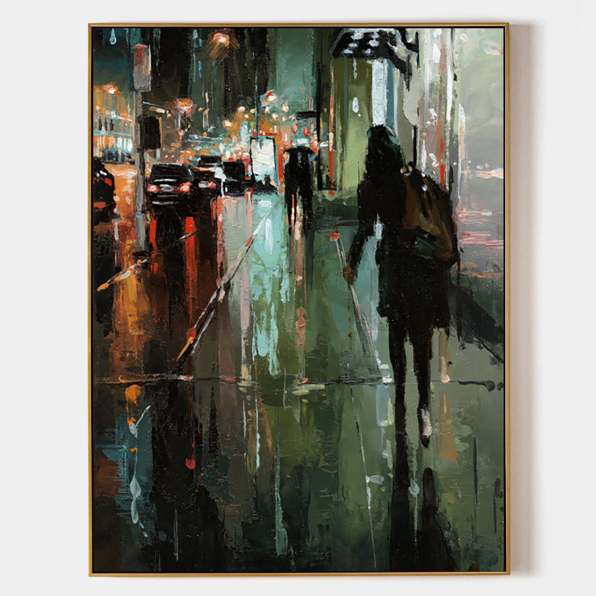 a painting of a person walking down a street in the rain