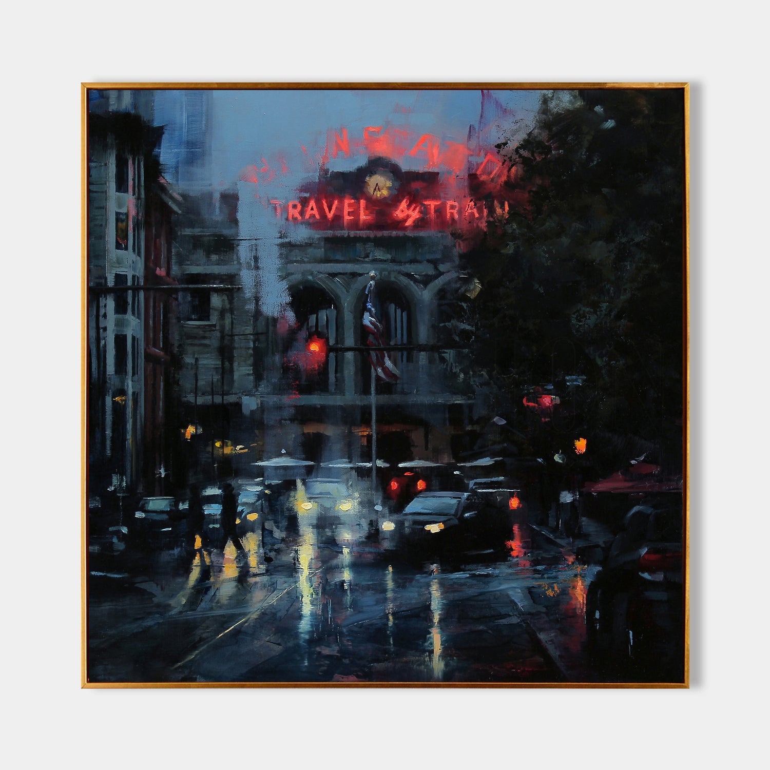 a painting of a city street at night