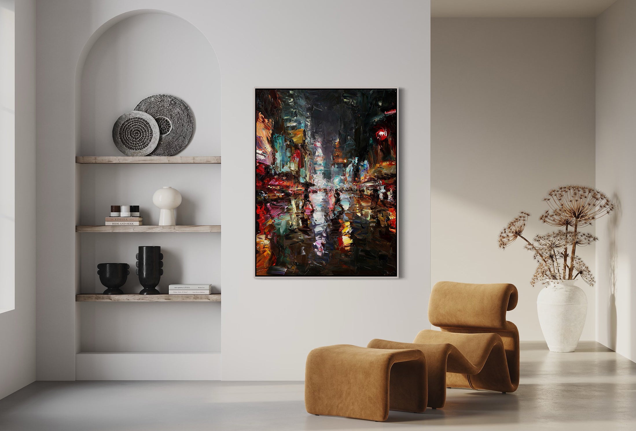 a painting of a city street at night