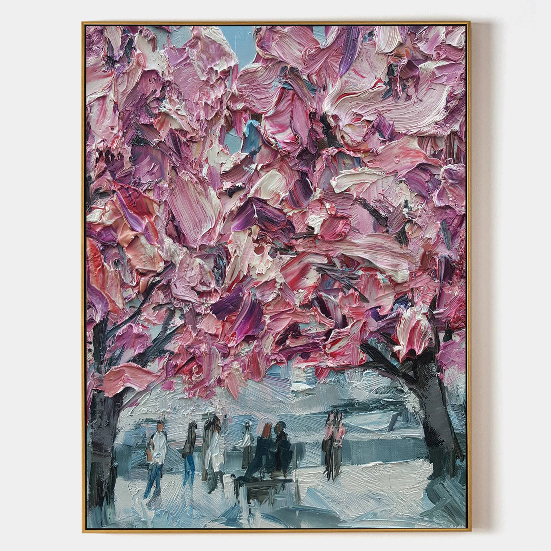 a painting of people walking under a pink tree