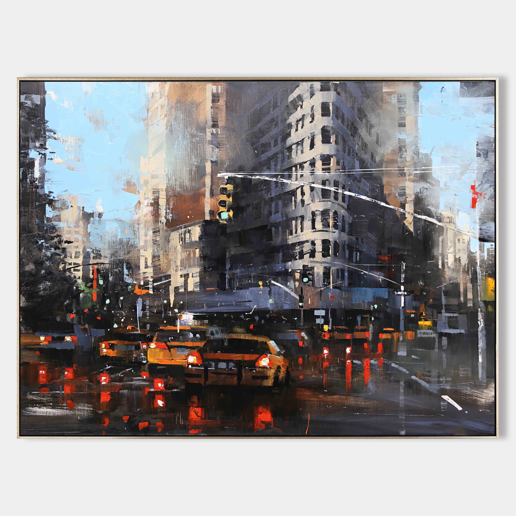 a painting of a city street filled with traffic