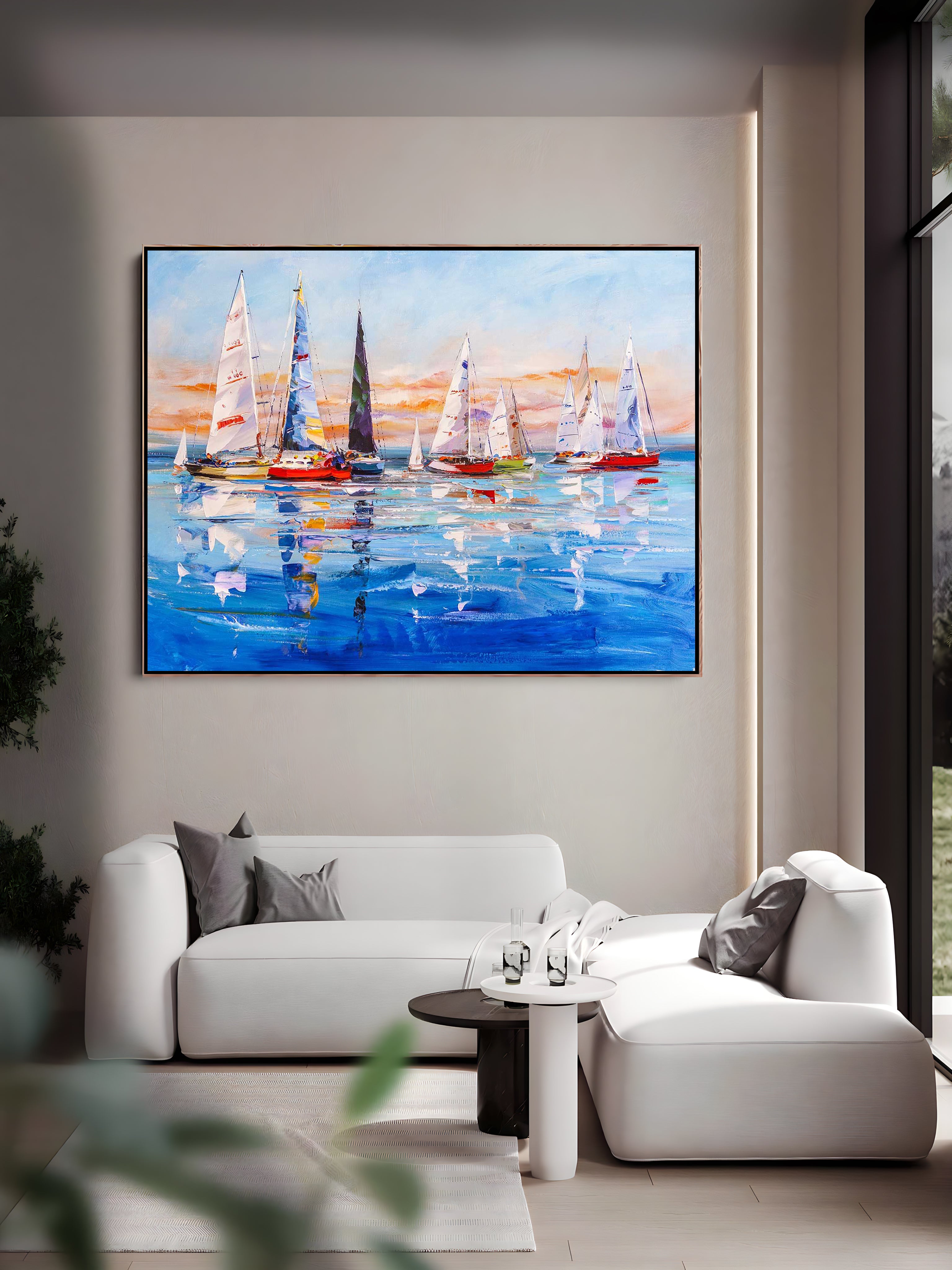 a living room with a painting of sailboats on the water