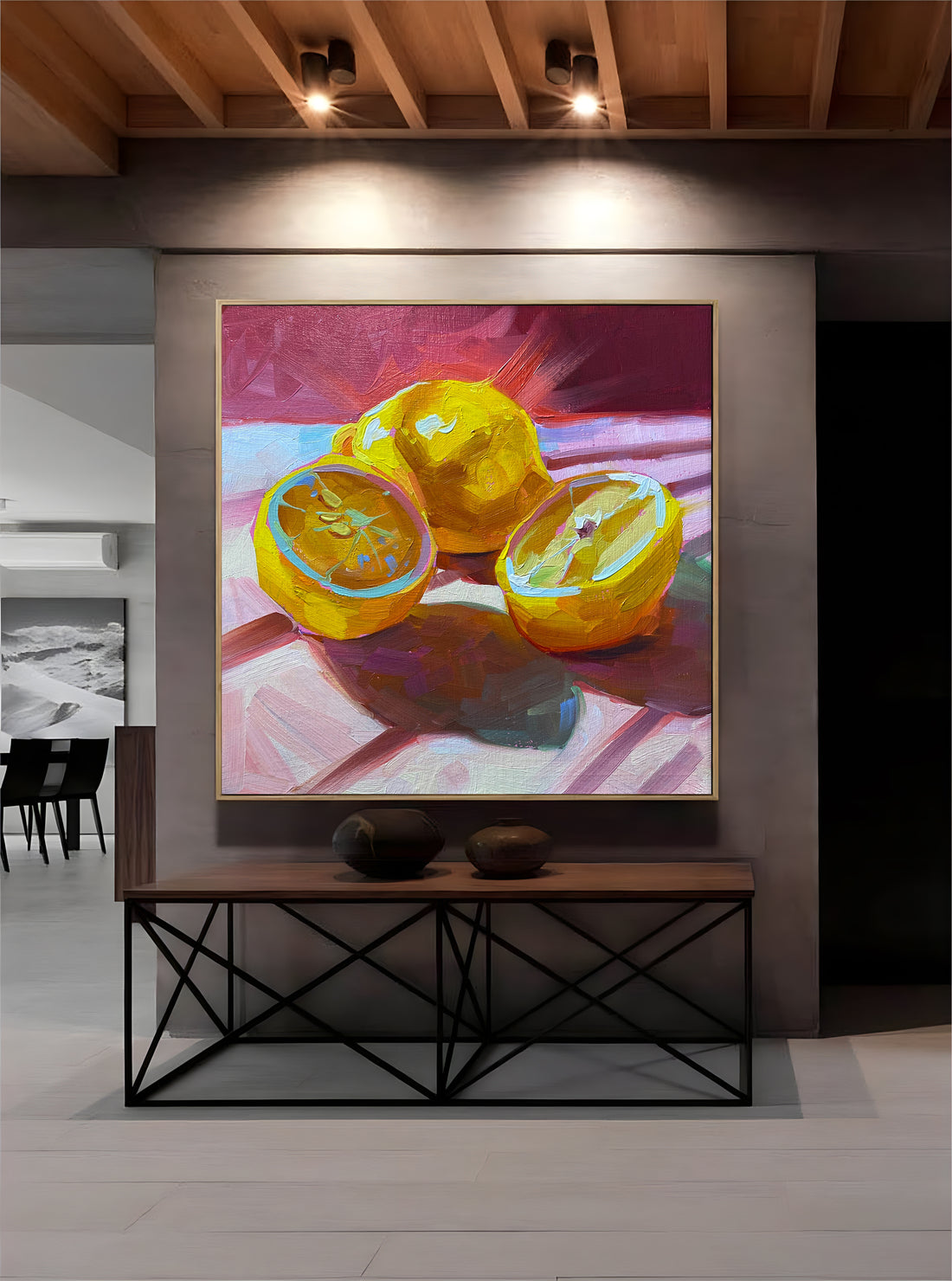 a painting of oranges on a table in a room