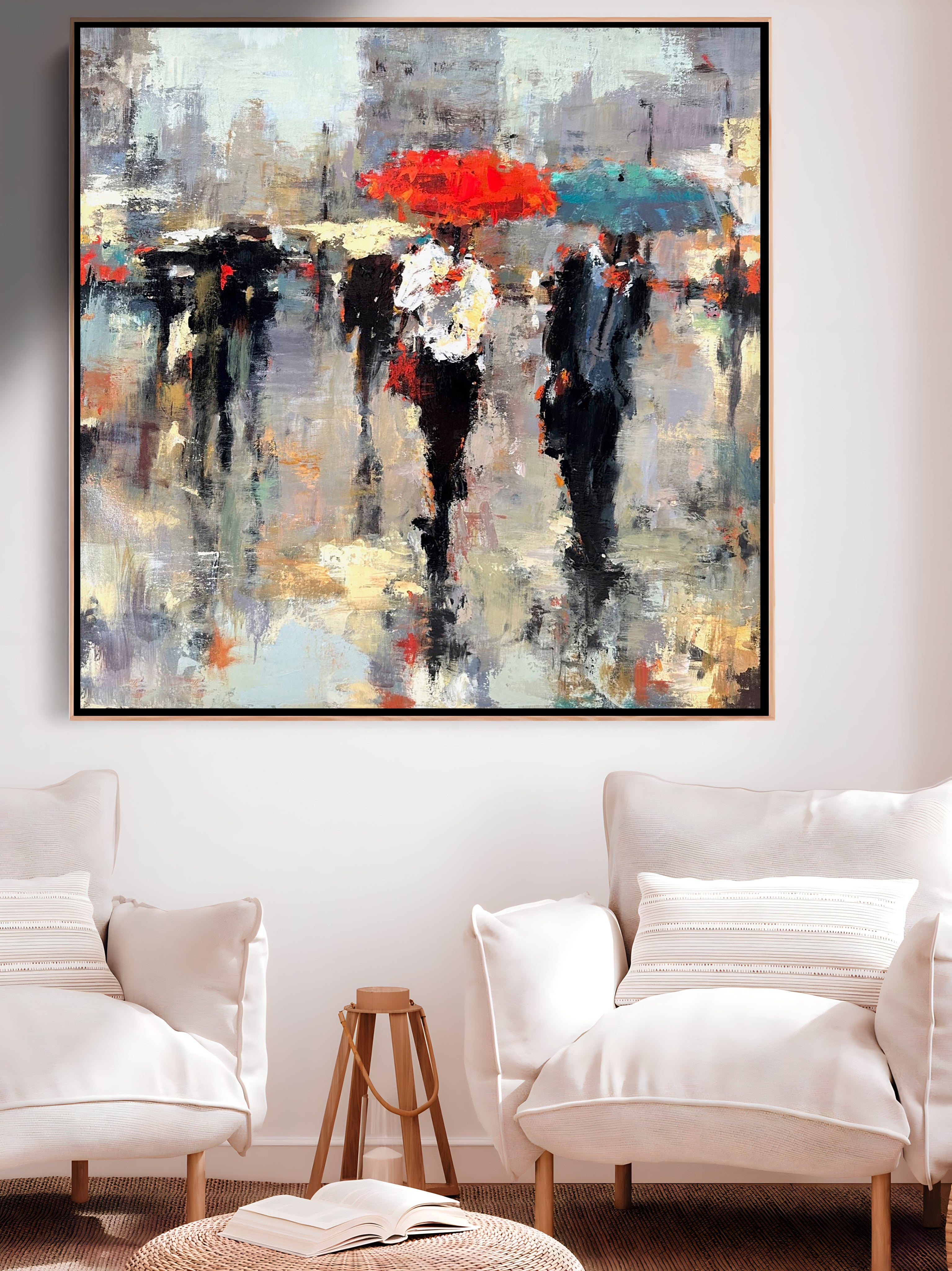 a painting of people walking in the rain with umbrellas