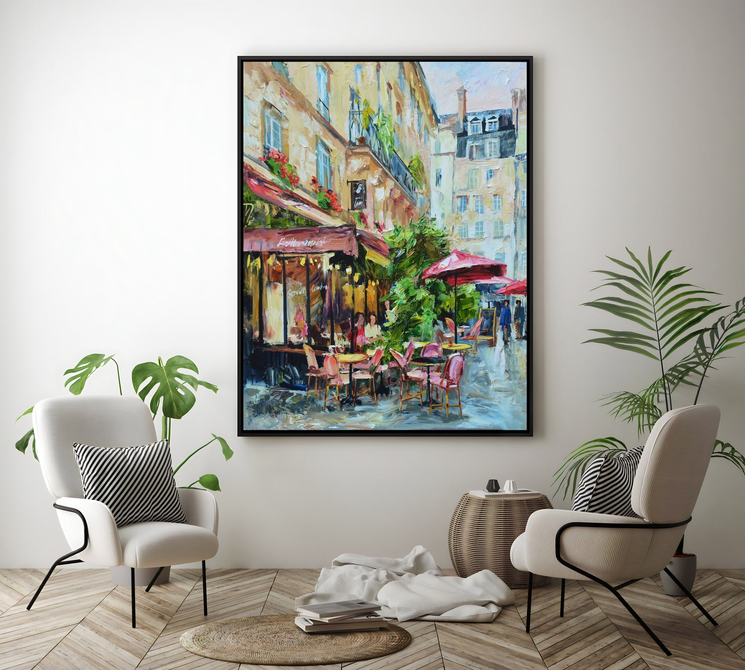 a painting of a city street with tables and chairs