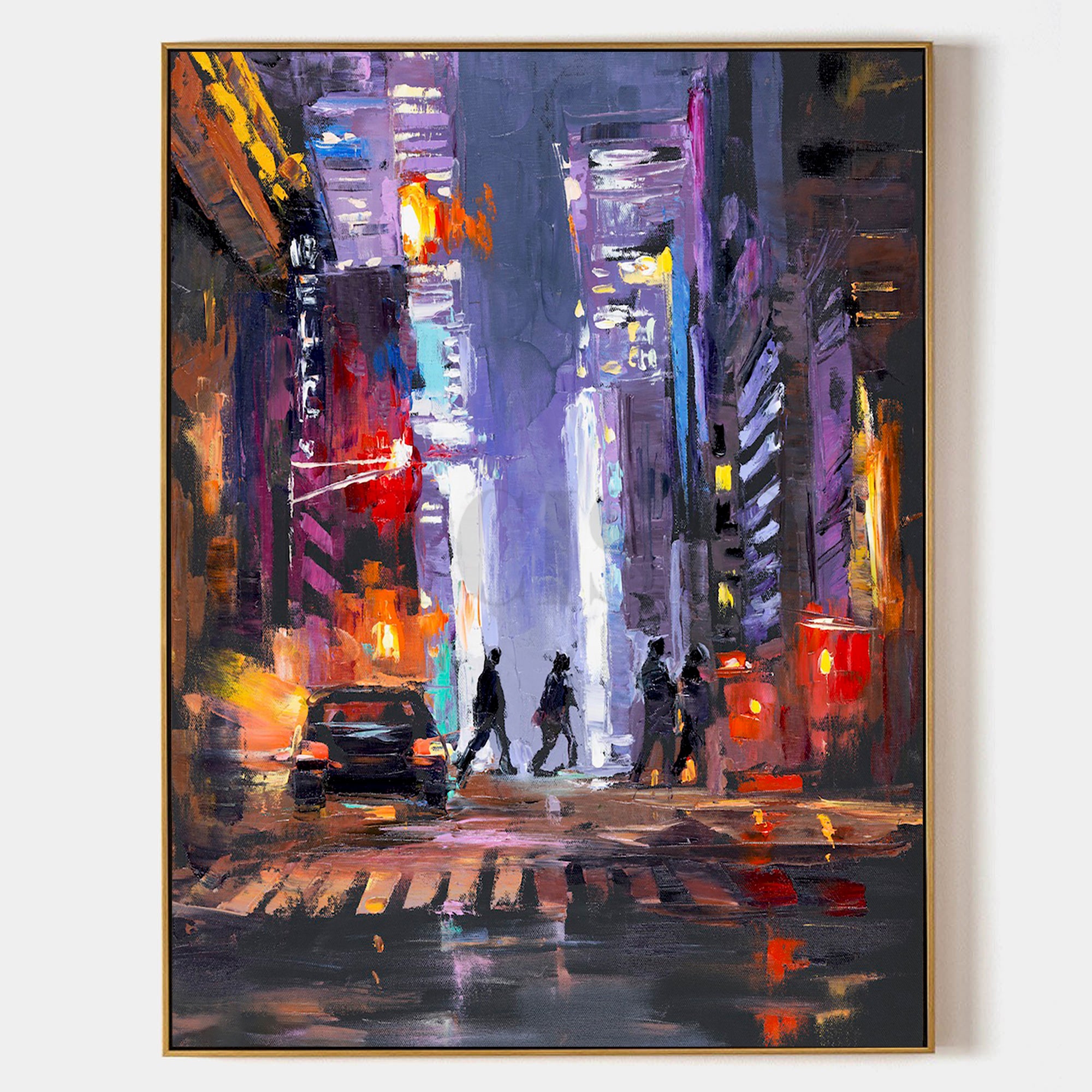 a painting of people crossing the street at night