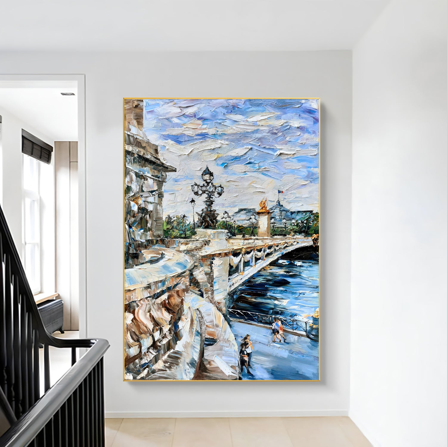 a painting hanging on a wall next to a banister