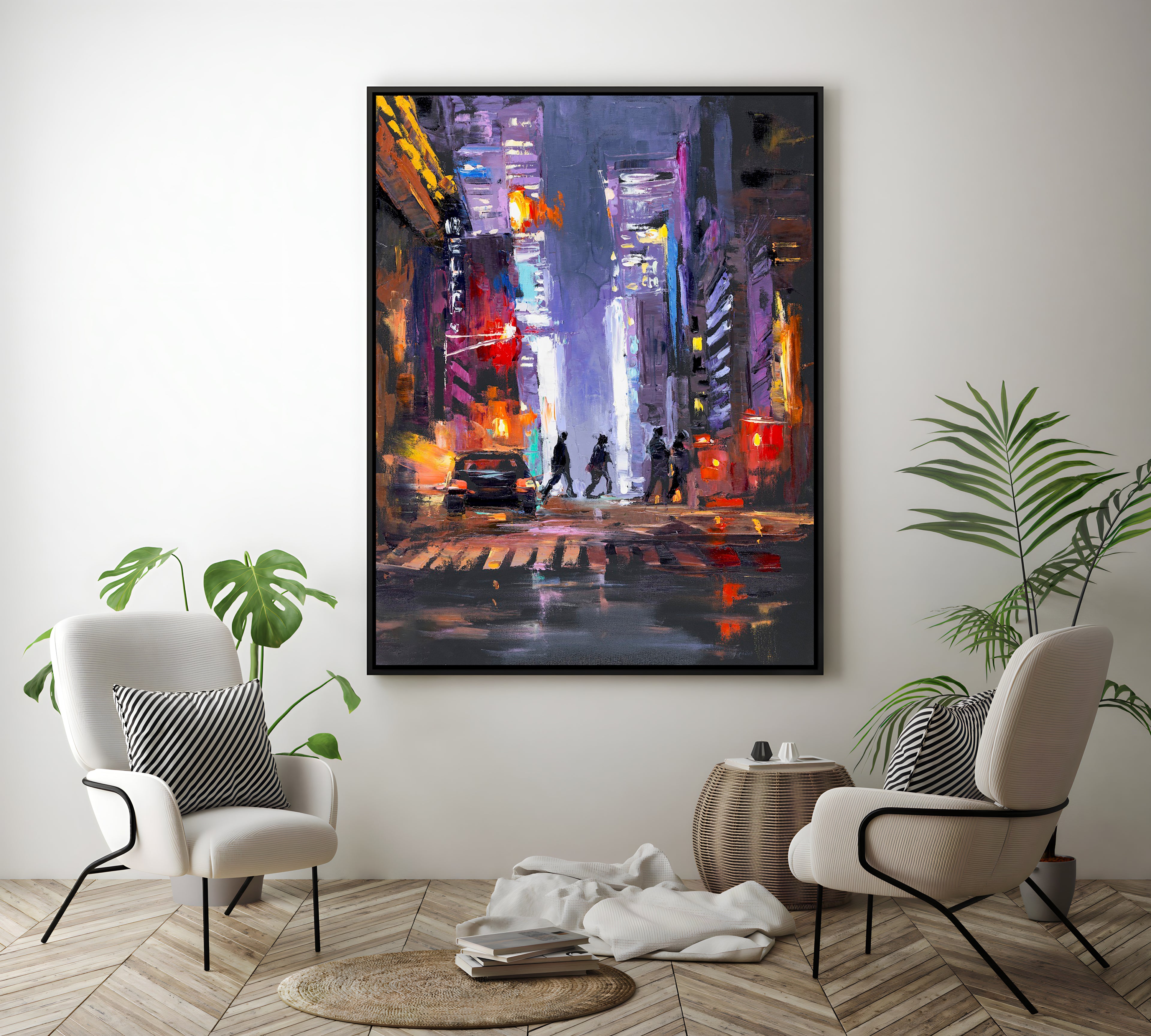 a painting of a city street at night