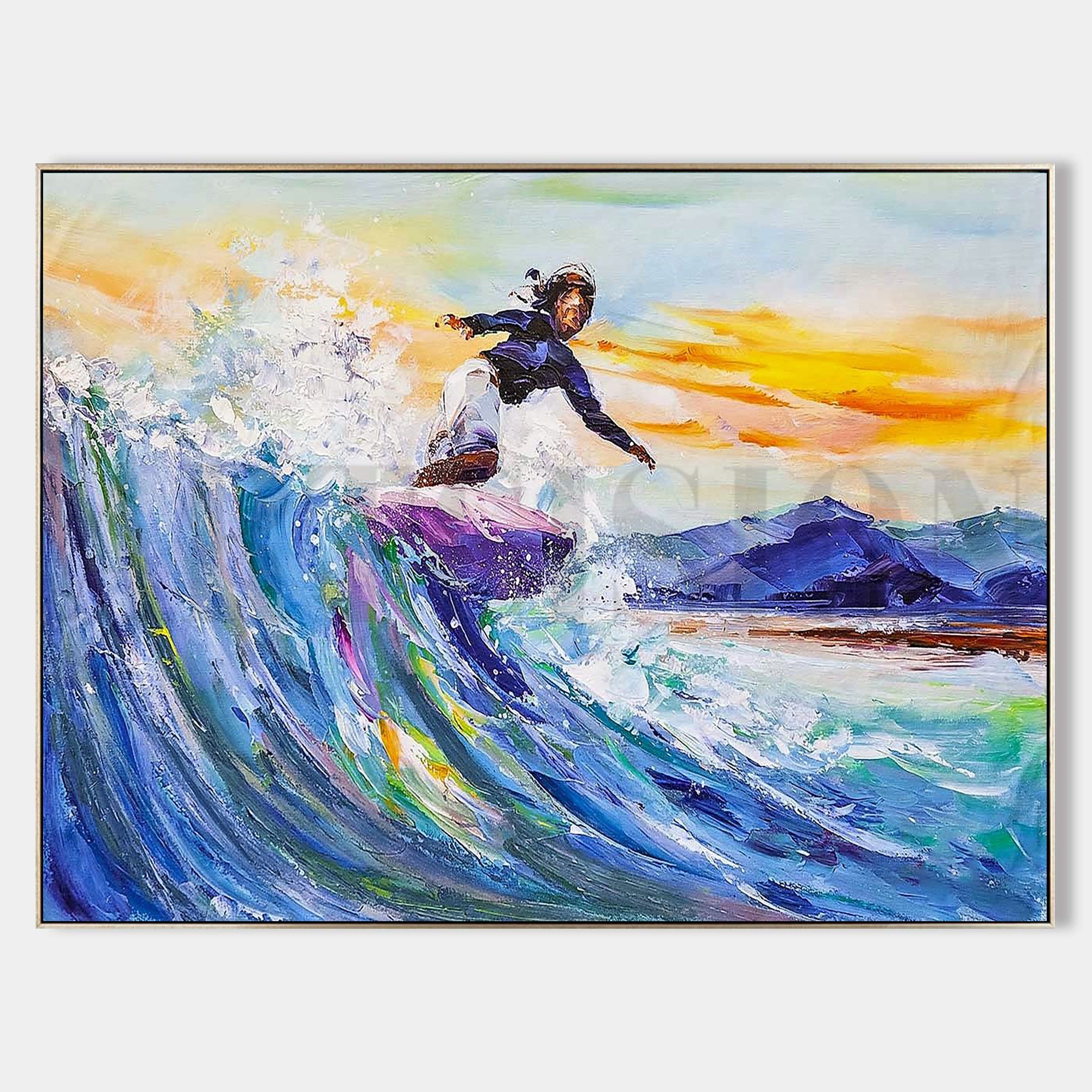 a painting of a surfer riding a wave