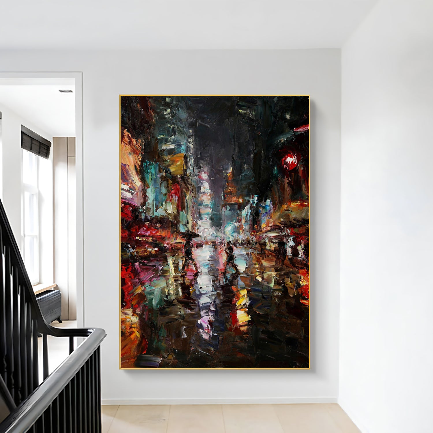 a painting hanging on a wall next to a banister