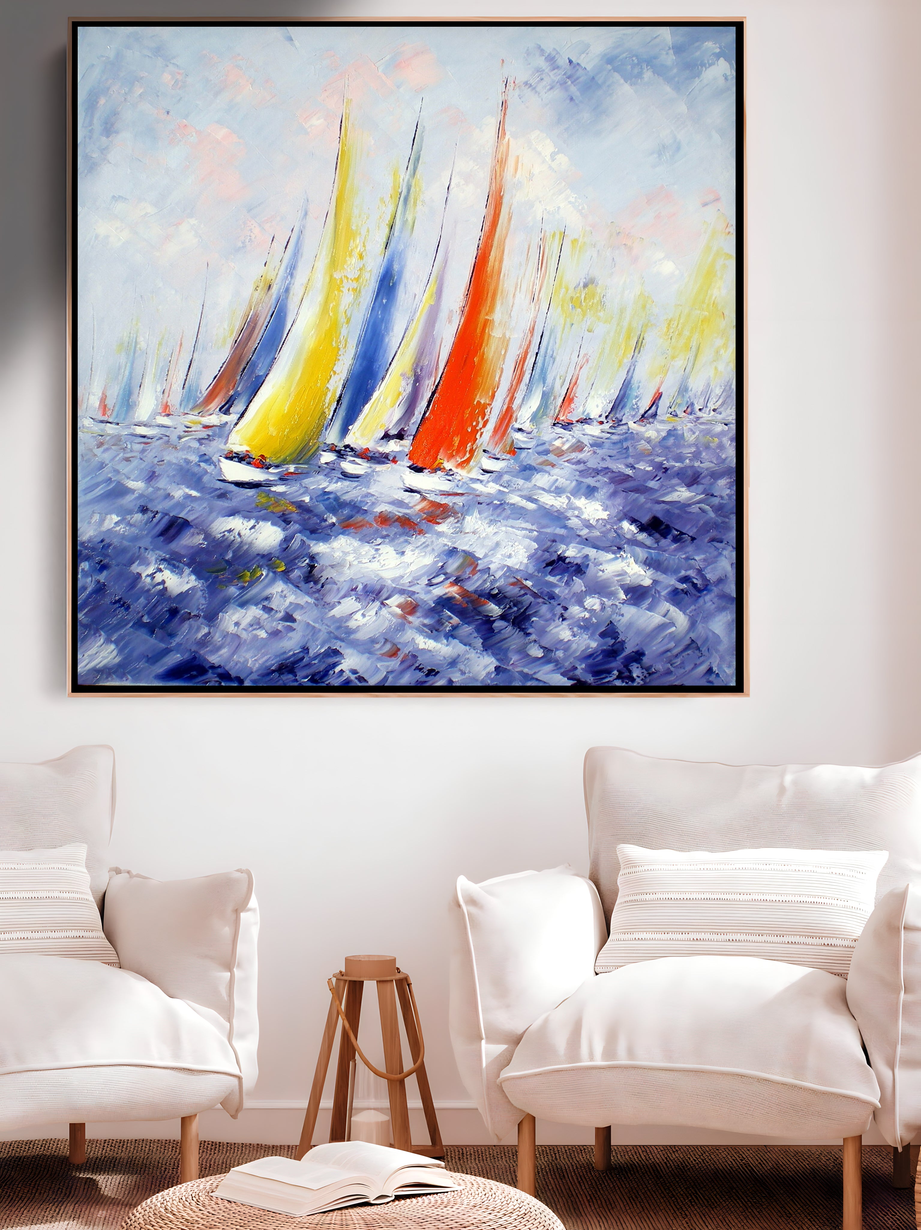 a painting of sailboats sailing in the ocean