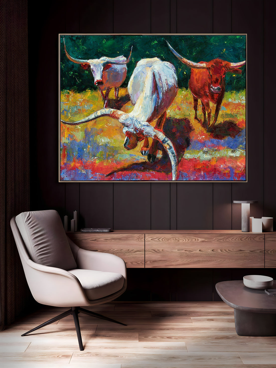 a painting of two cows in a room