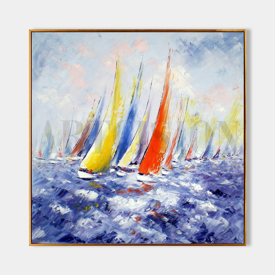 a painting of a group of sailboats in the ocean