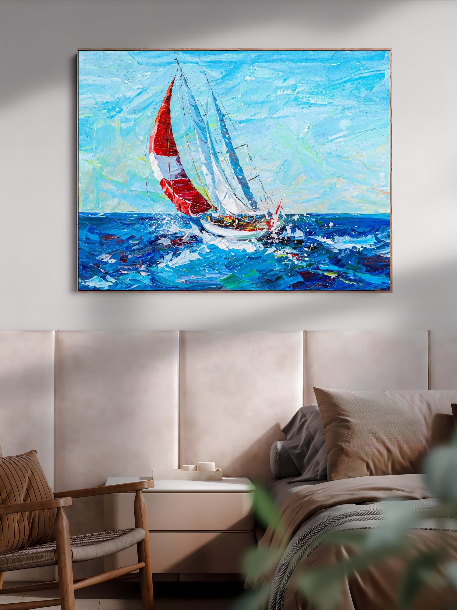 a painting of a sailboat in the ocean