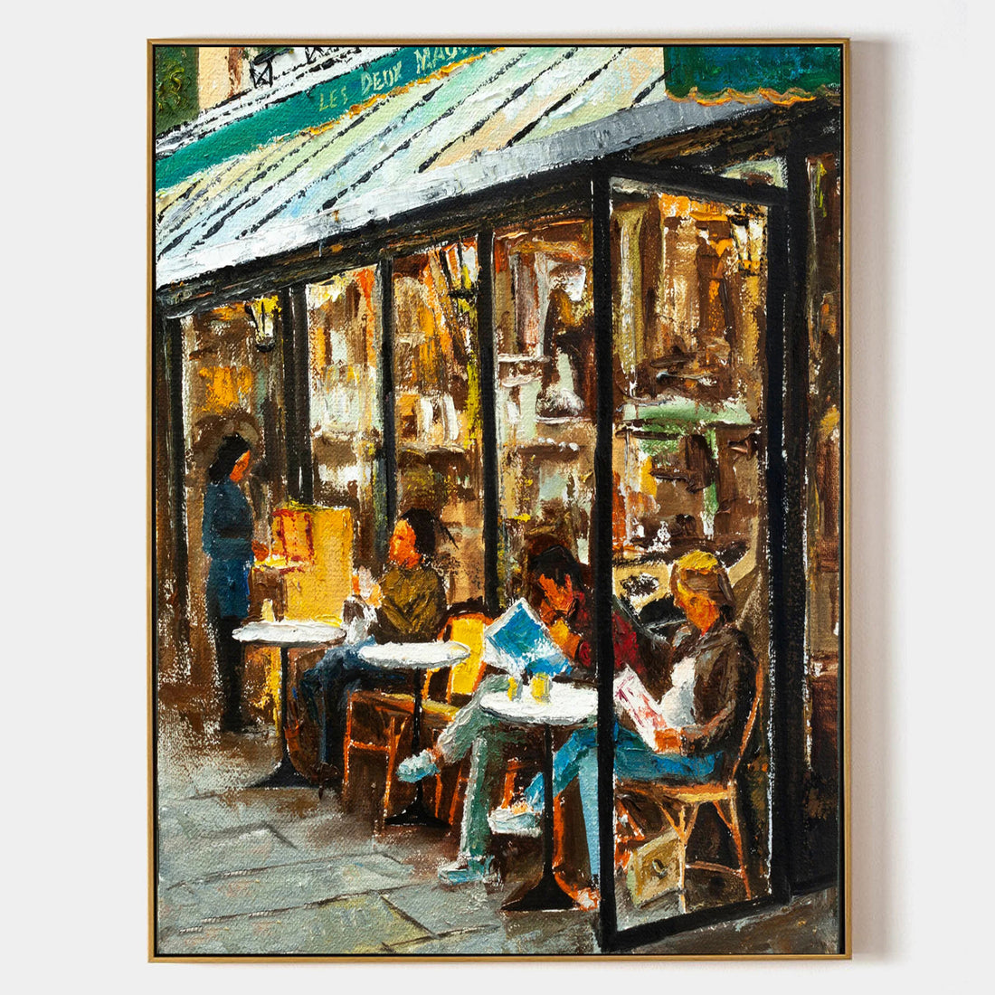 a painting of people sitting outside of a restaurant