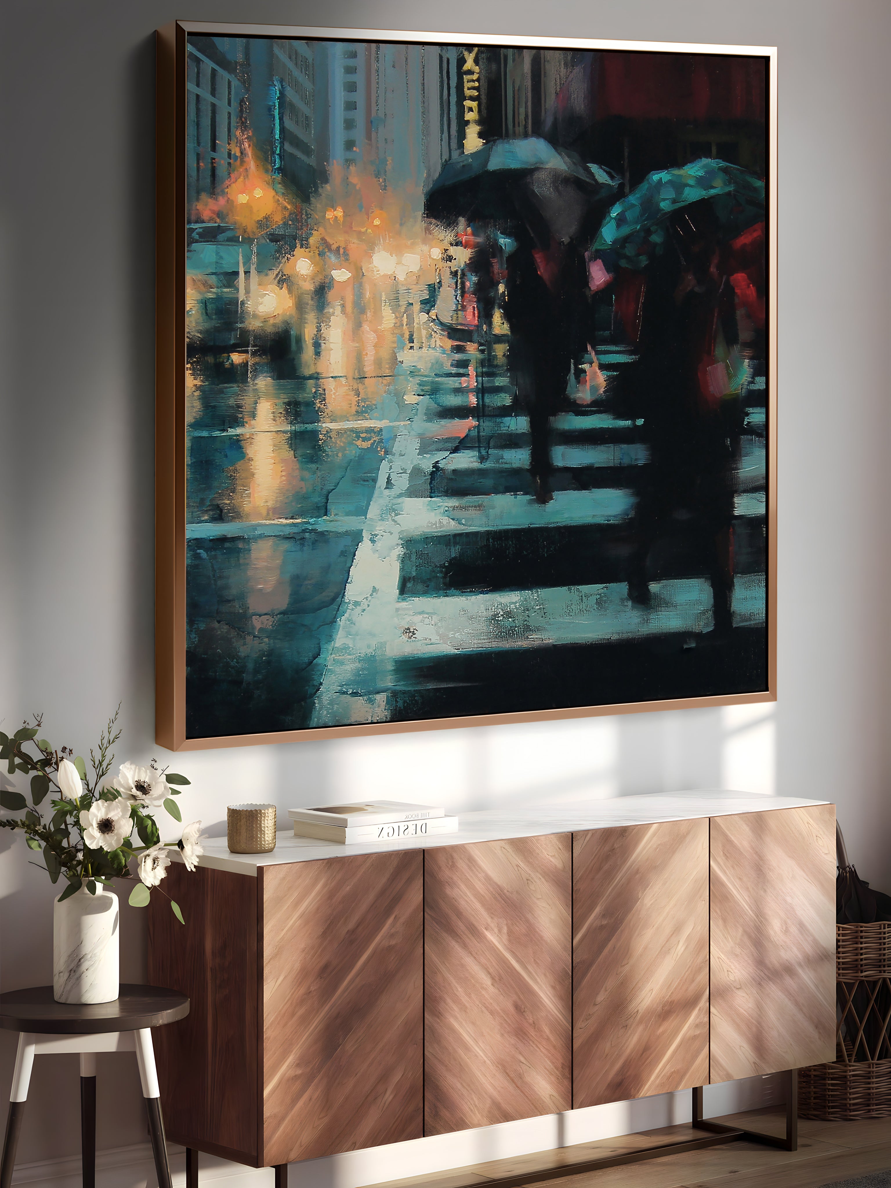 a painting of people with umbrellas on a city street