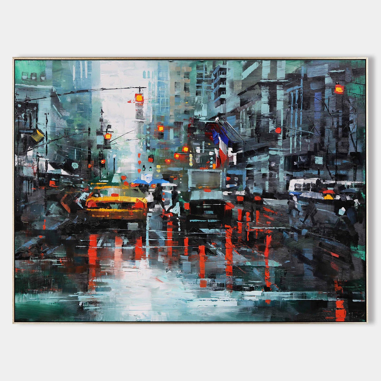 a painting of a city street filled with traffic