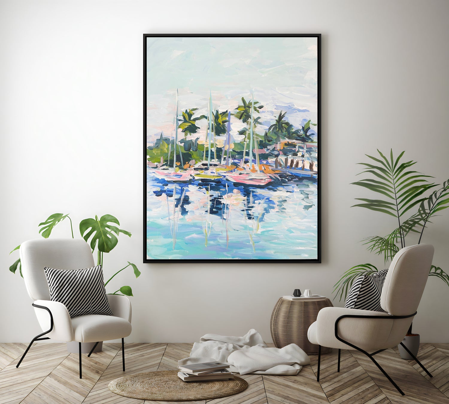 a painting of boats in a harbor with palm trees