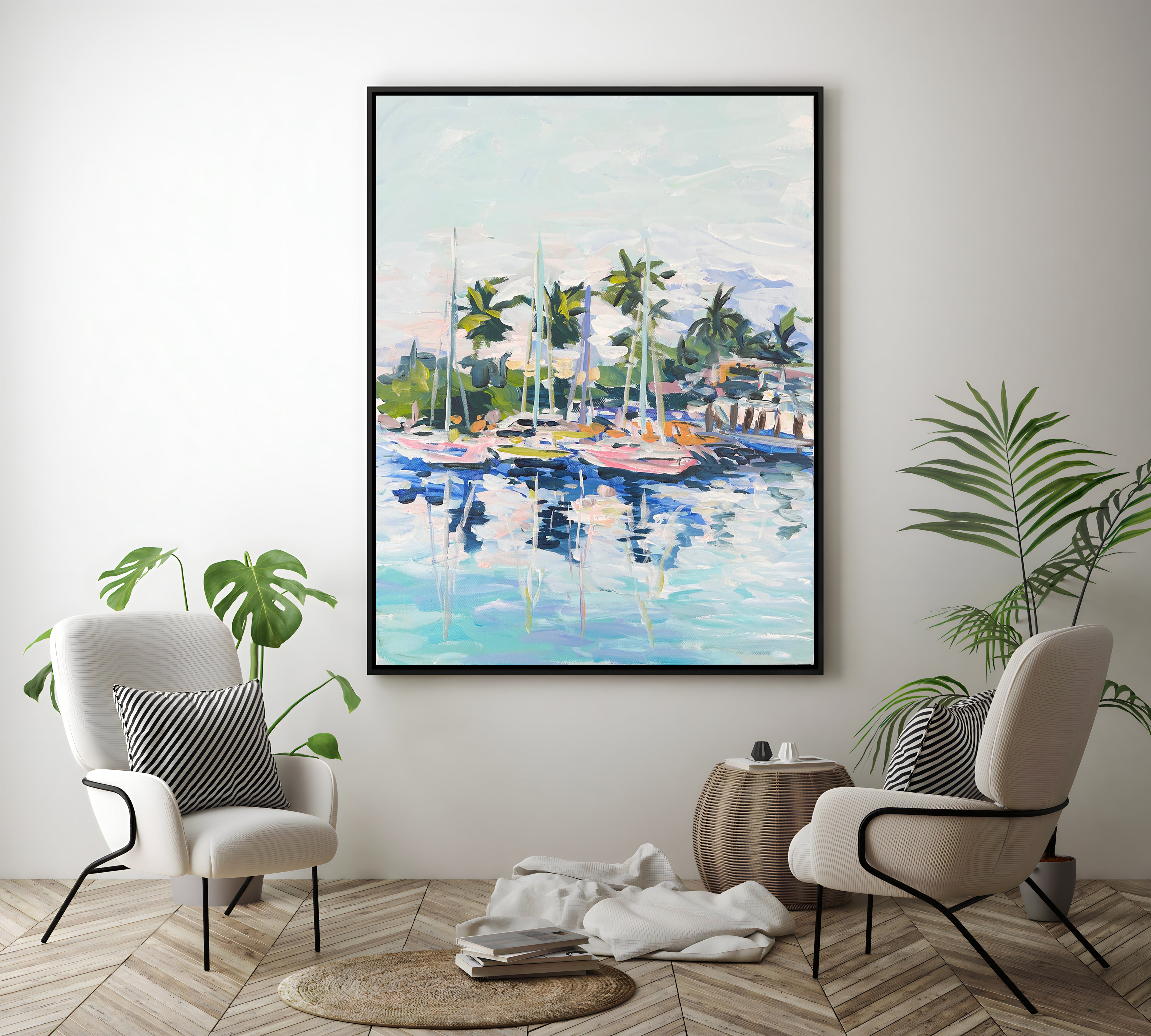 a painting of boats in a harbor with palm trees
