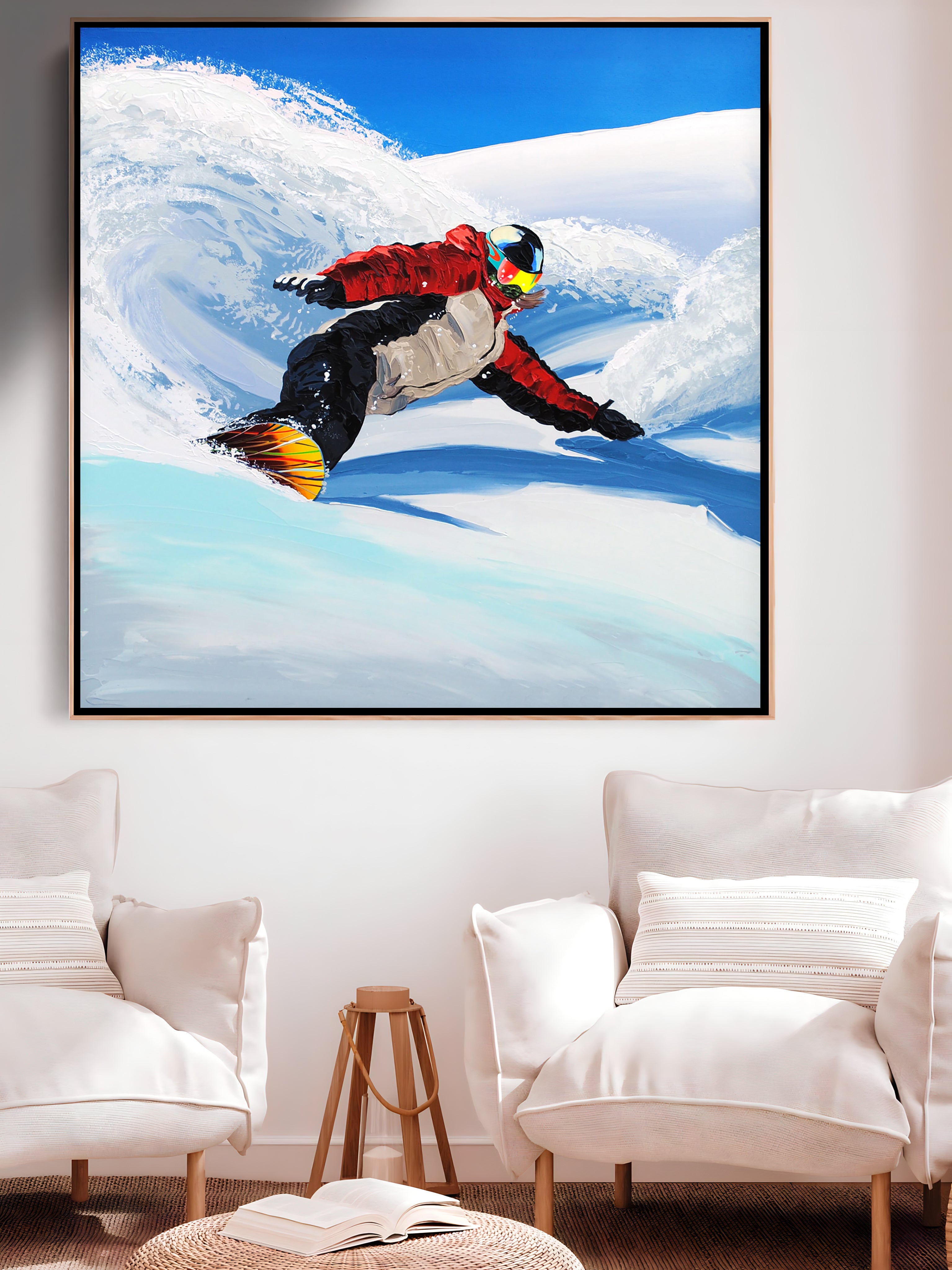 a painting of a snowboarder going down a hill