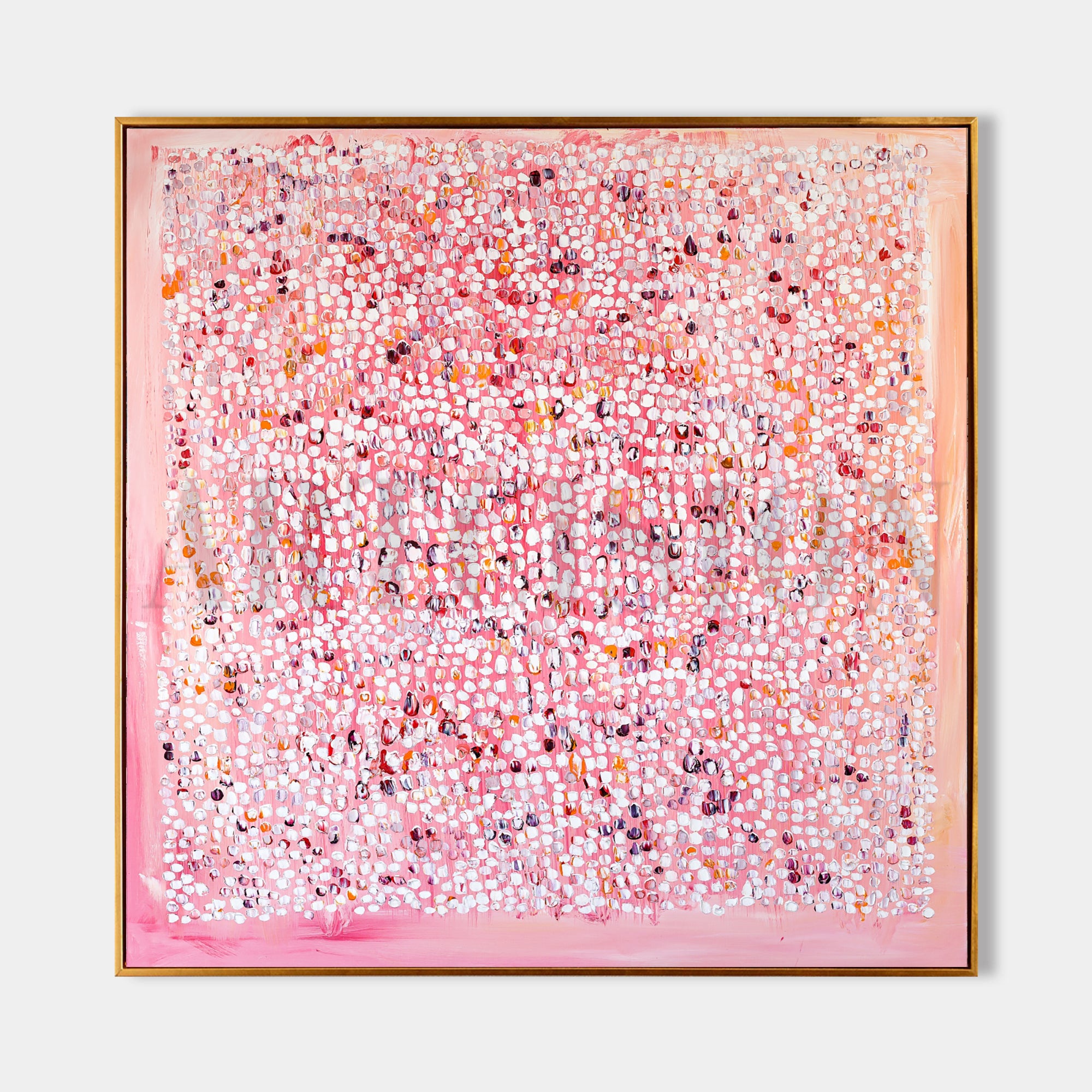 a painting with a pink background and lots of dots