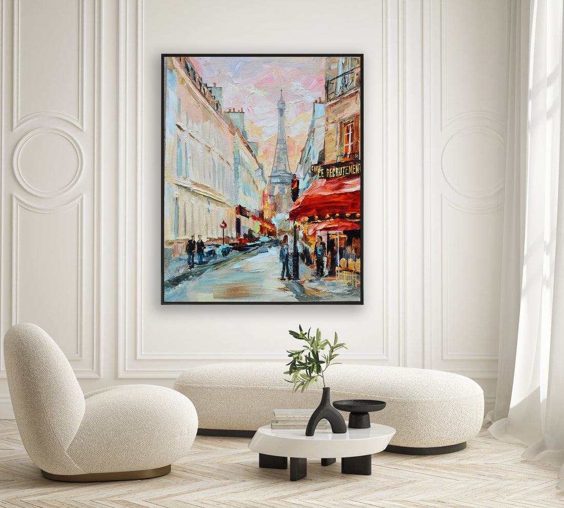 a painting of a city street in a living room