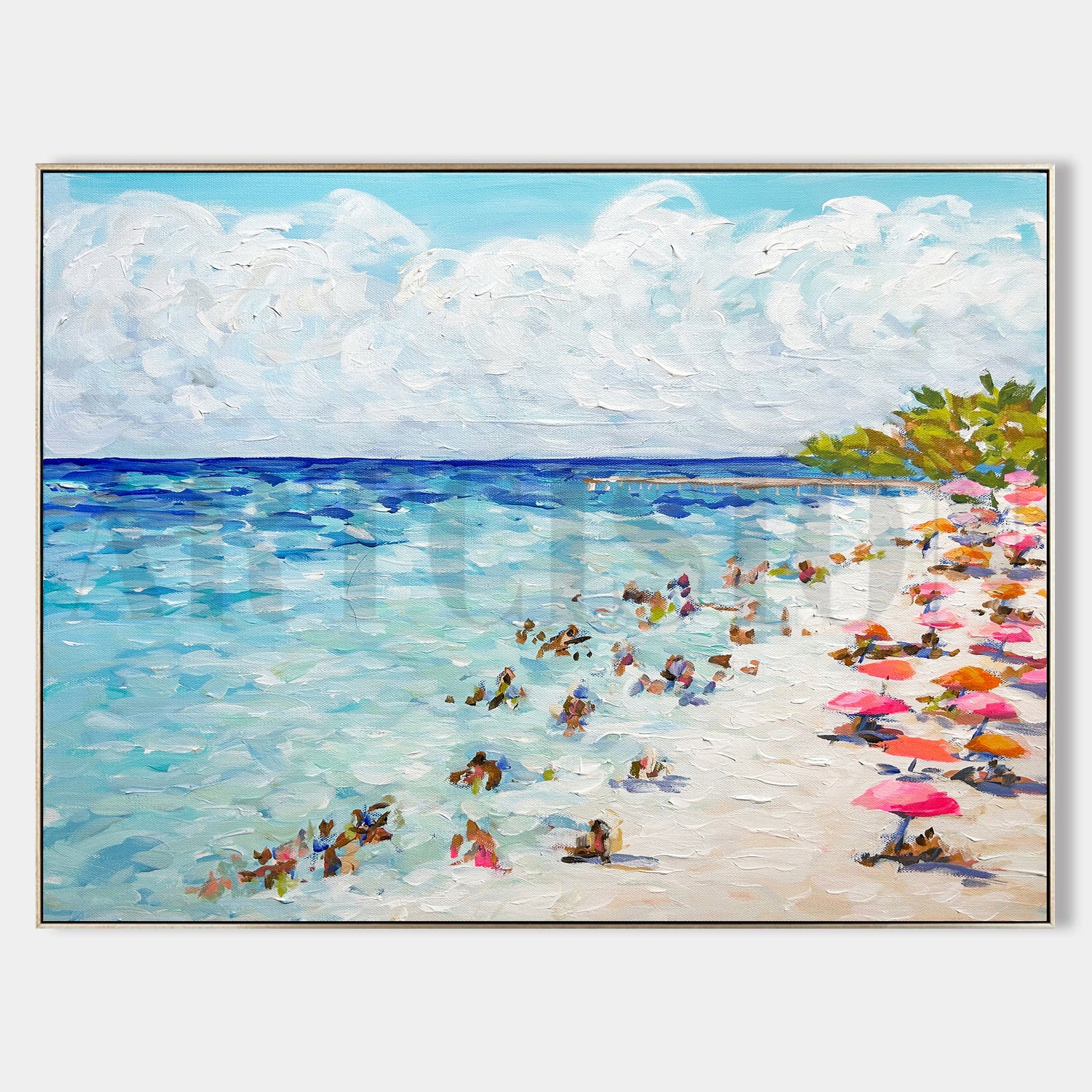 a painting of people on a beach with umbrellas