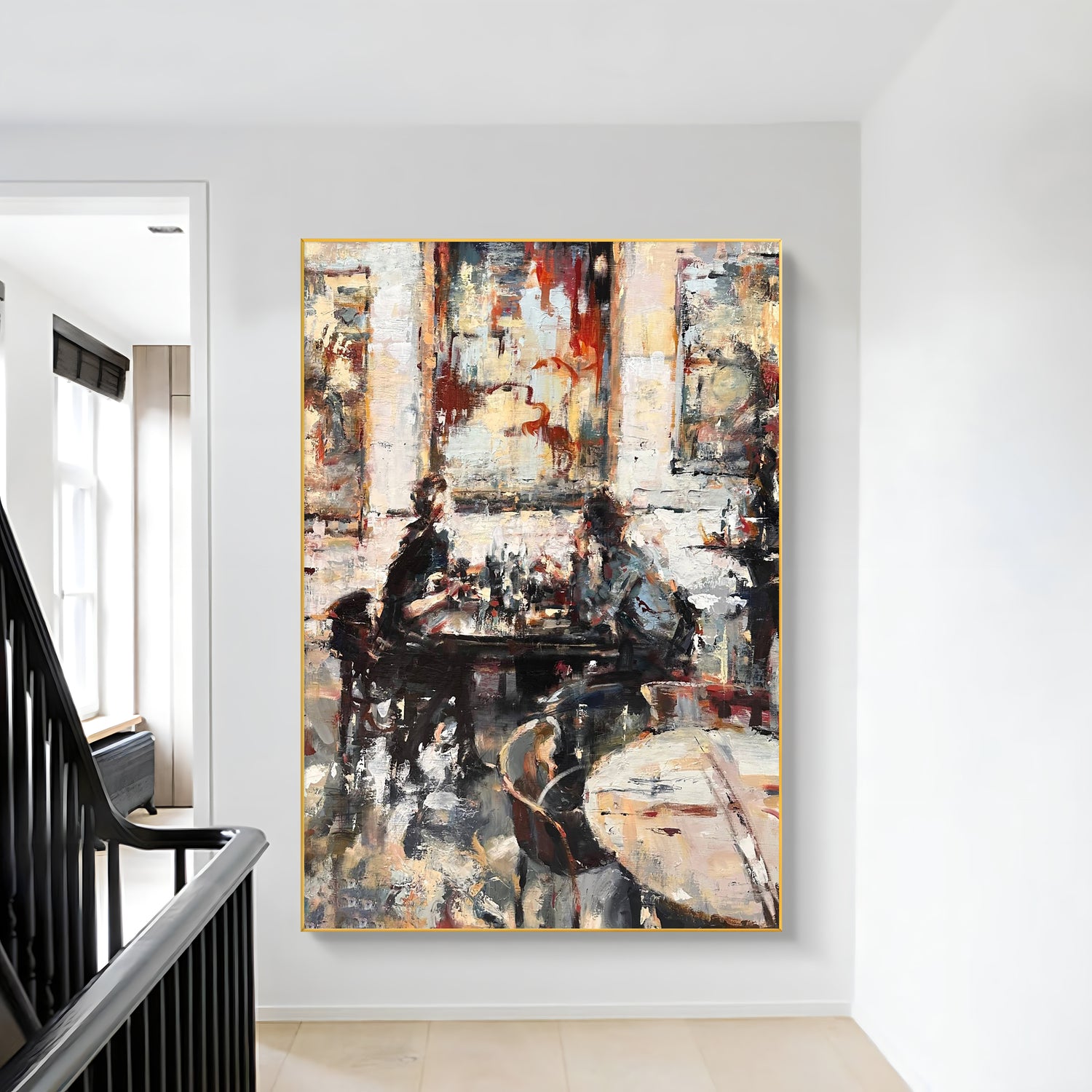 a painting hanging on a wall next to a banister