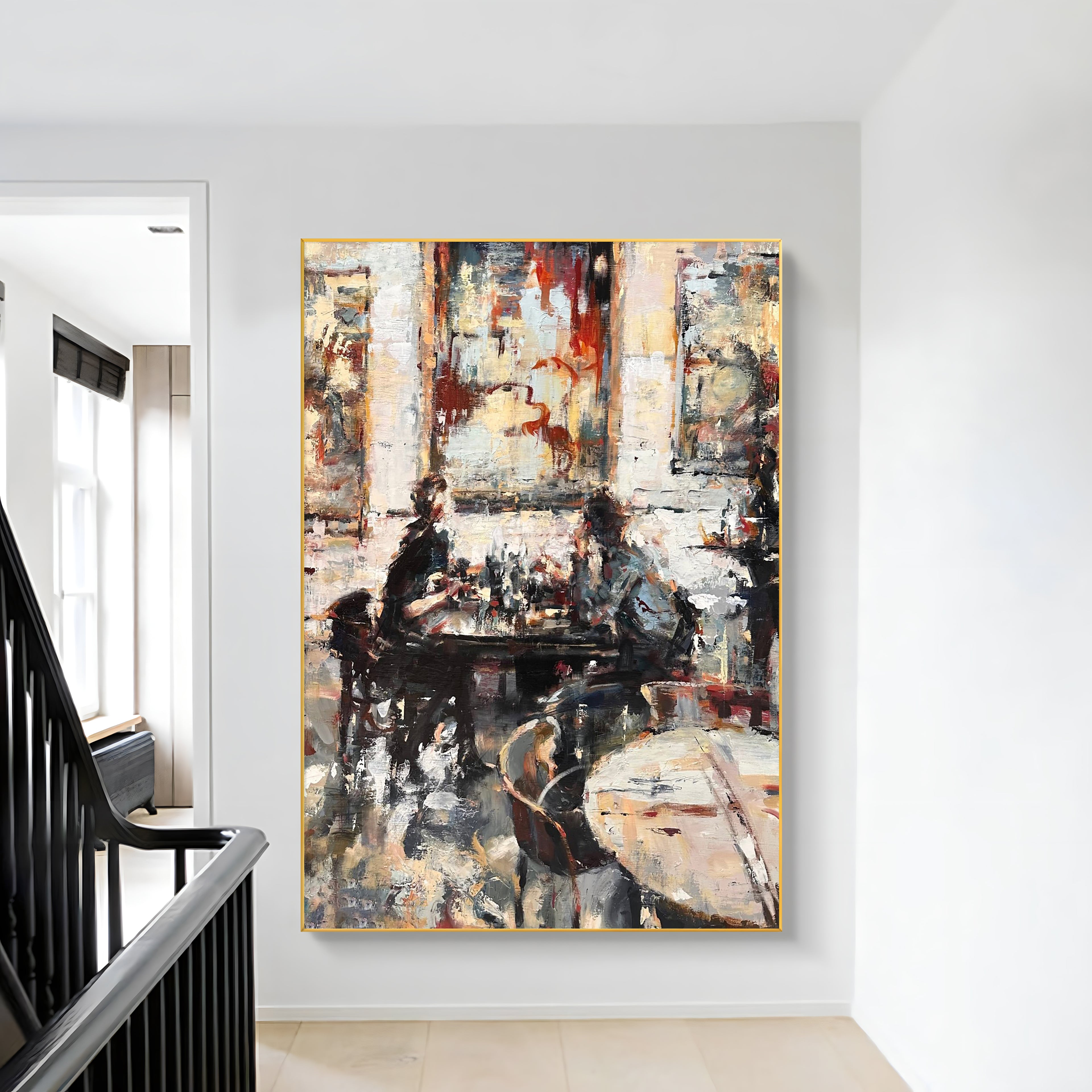 a painting hanging on a wall next to a banister