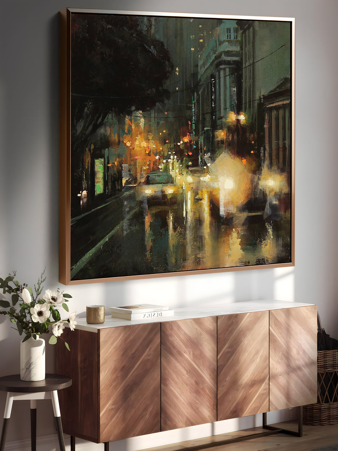 a painting of a city street at night