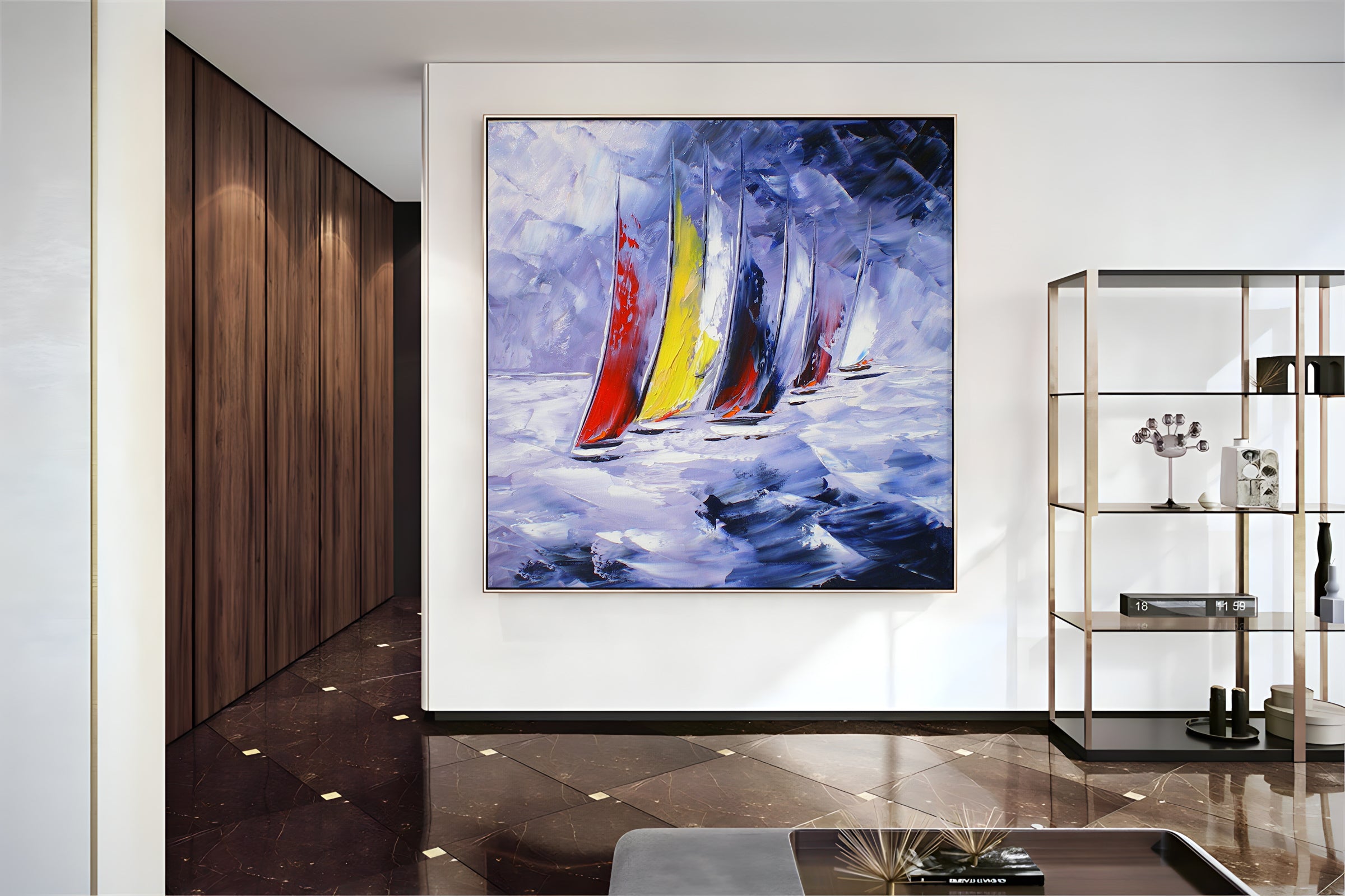 a painting of a sailboat in a room