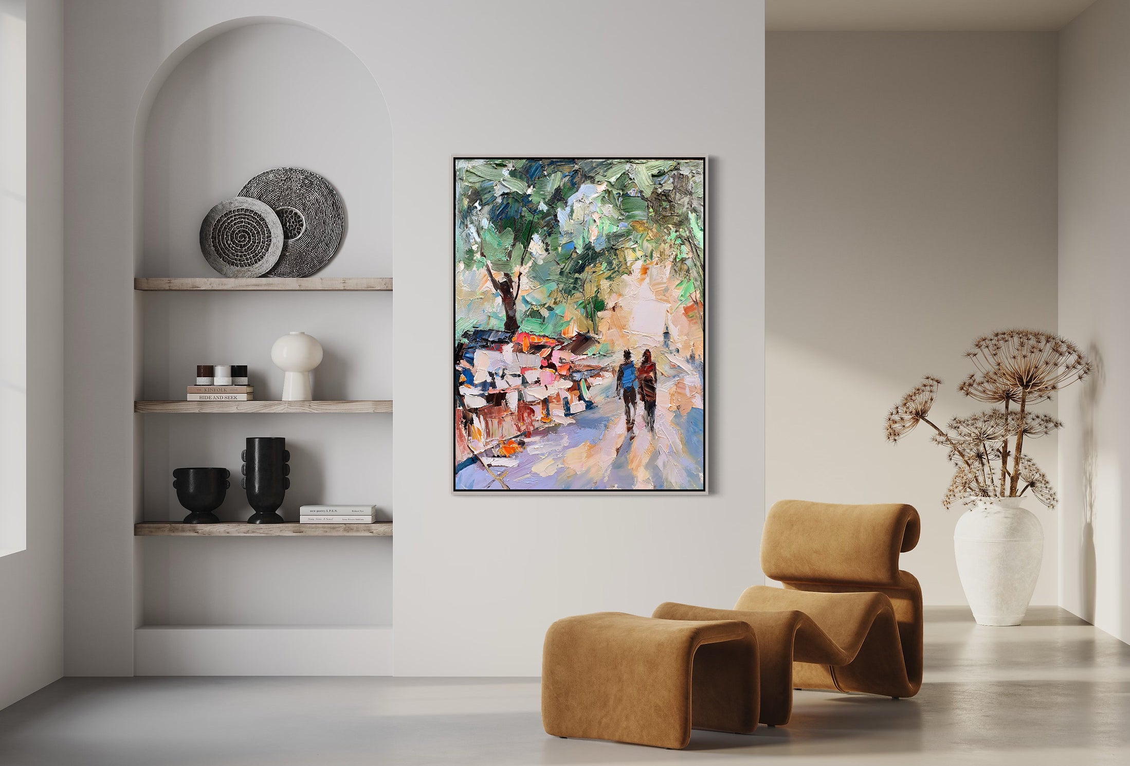 a painting hanging on the wall of a living room