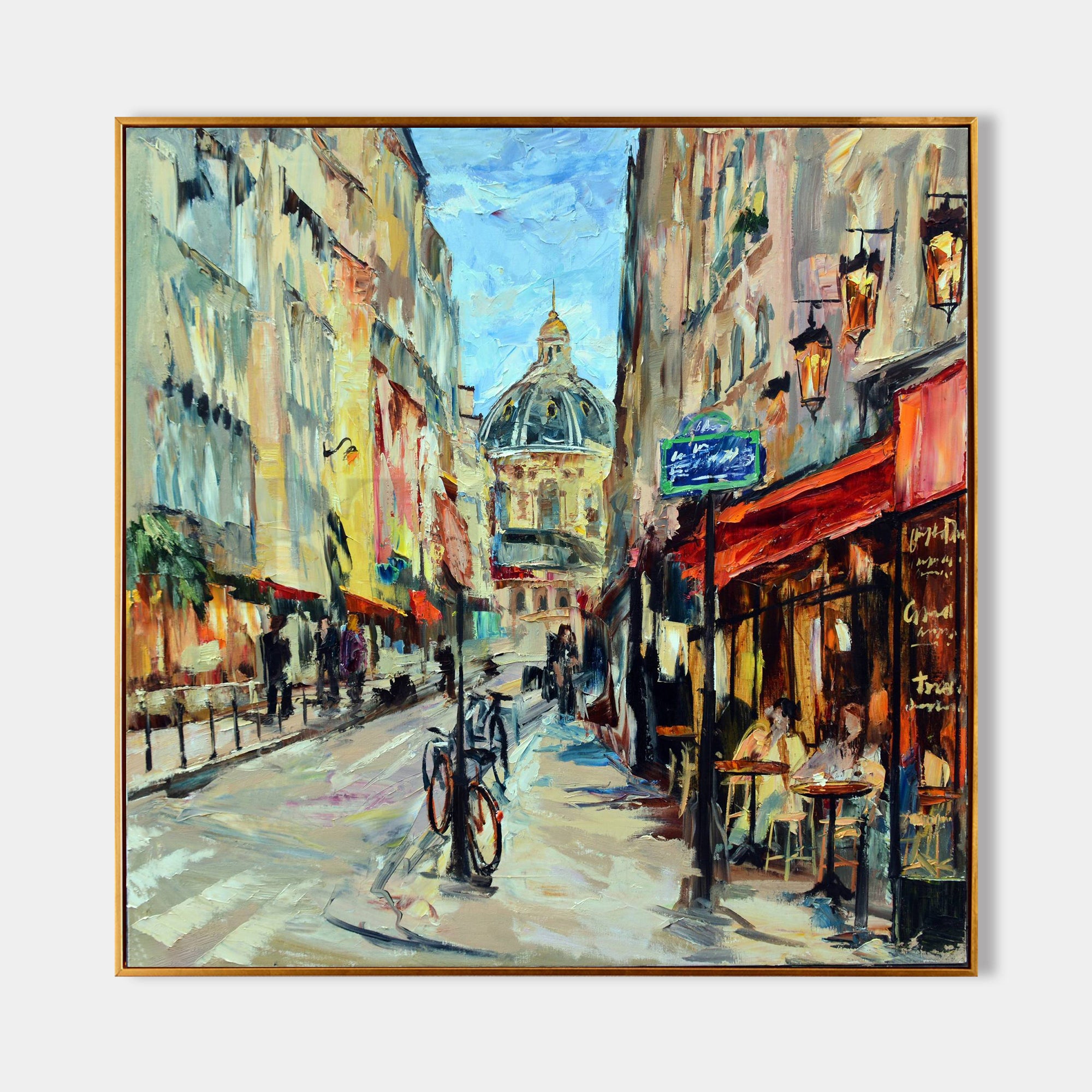 a painting of a city street with people walking down it