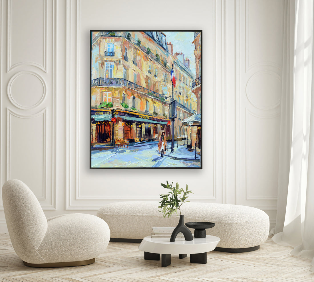 a painting of a city street with people walking by