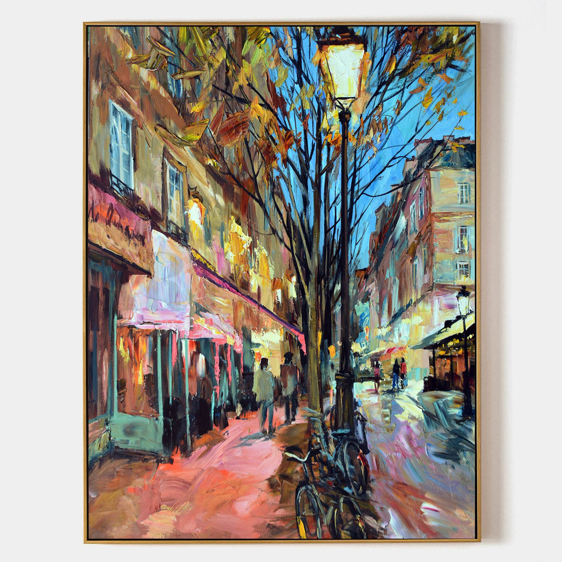 a painting of a city street with a bicycle parked on the sidewalk