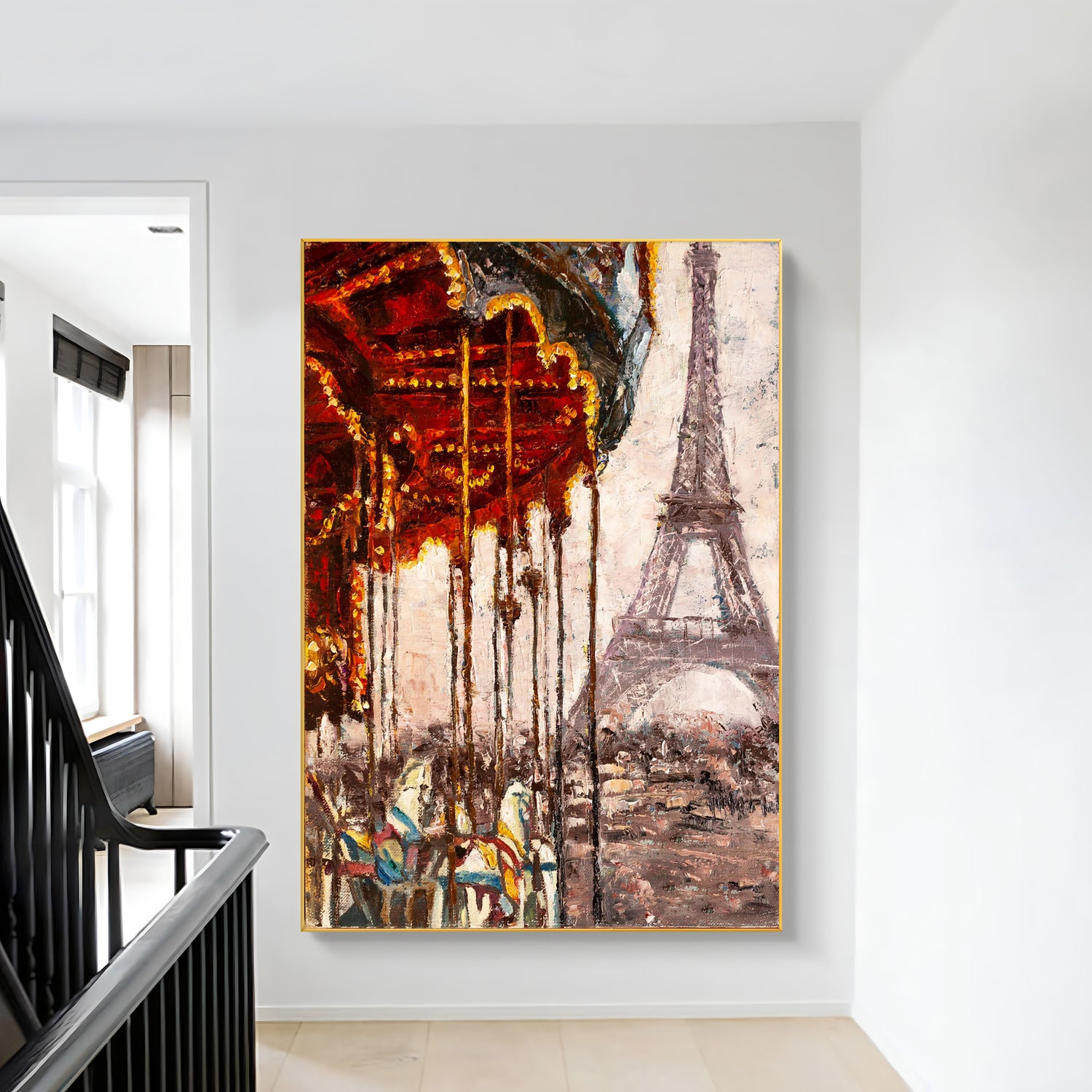 a painting hanging on a wall next to a stair case