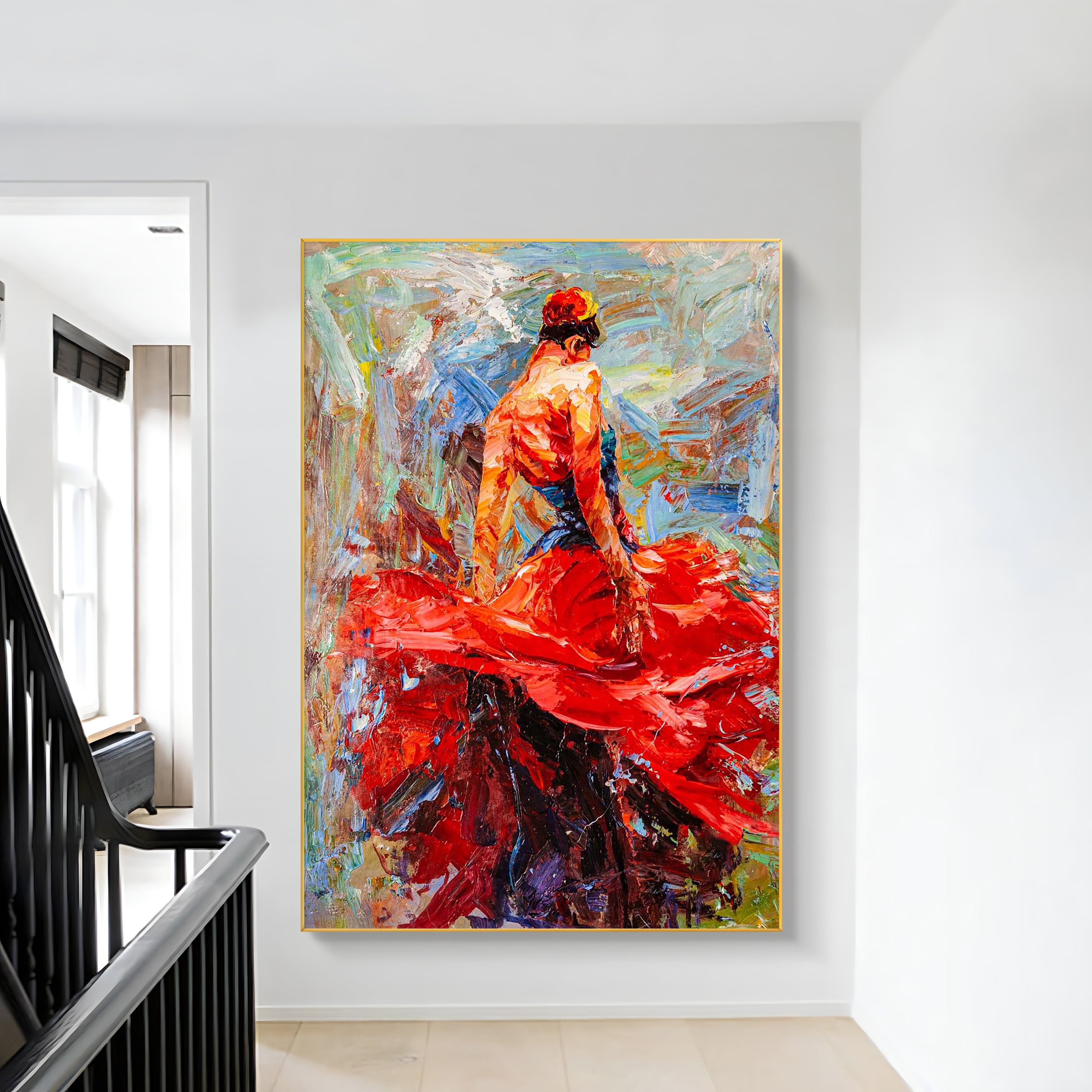 a painting of a woman in a red dress on a white wall