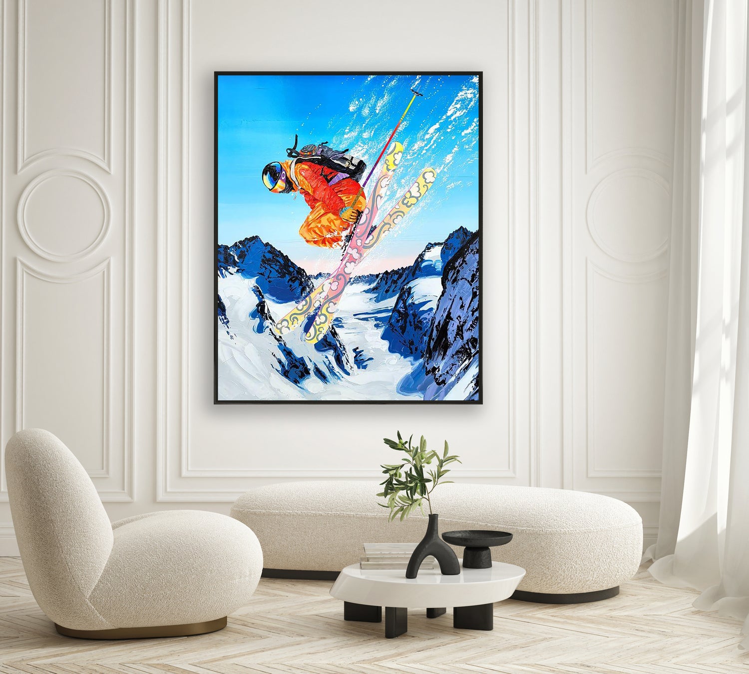 a painting of a person on skis in the air
