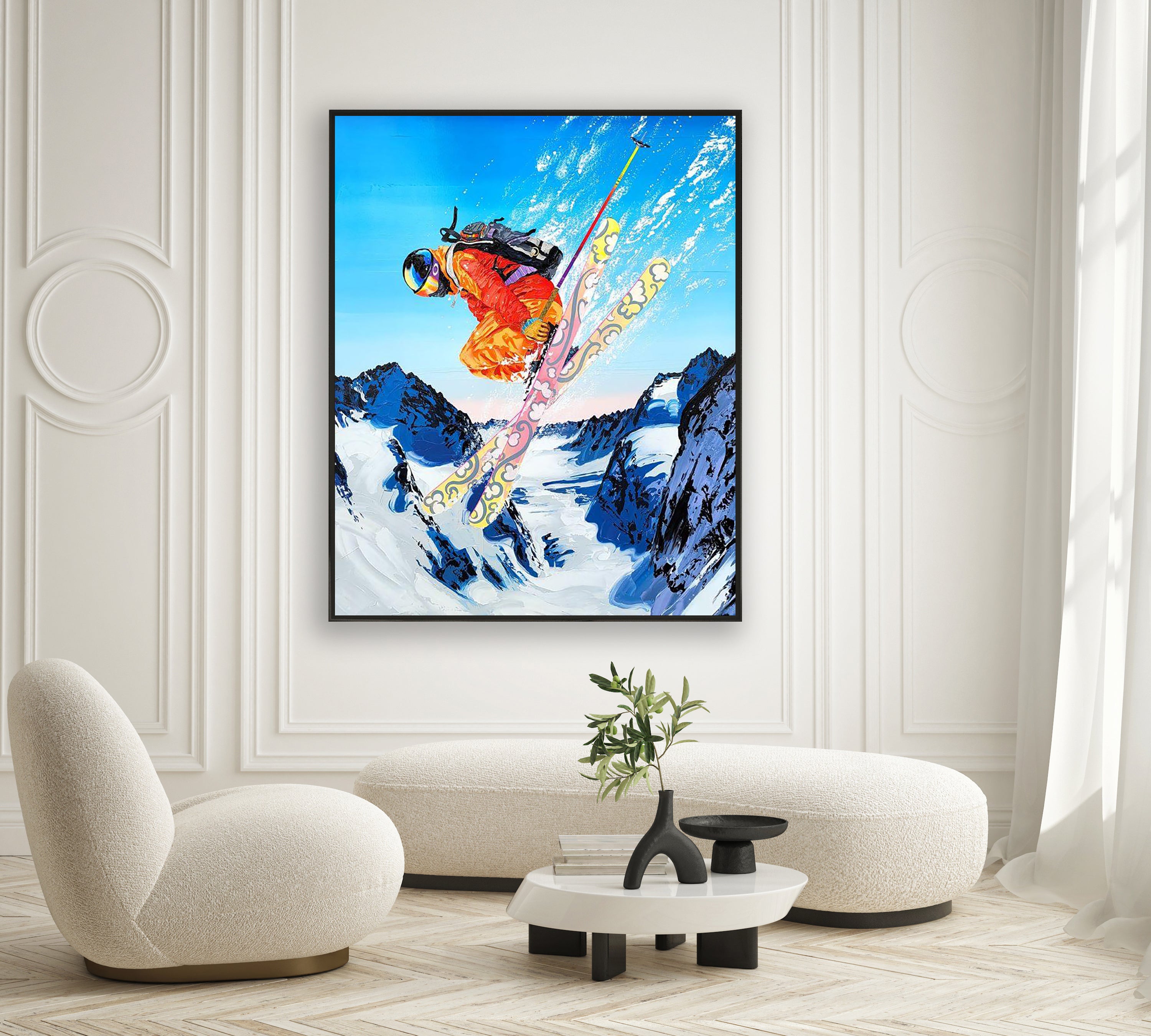 a painting of a person on skis in the air