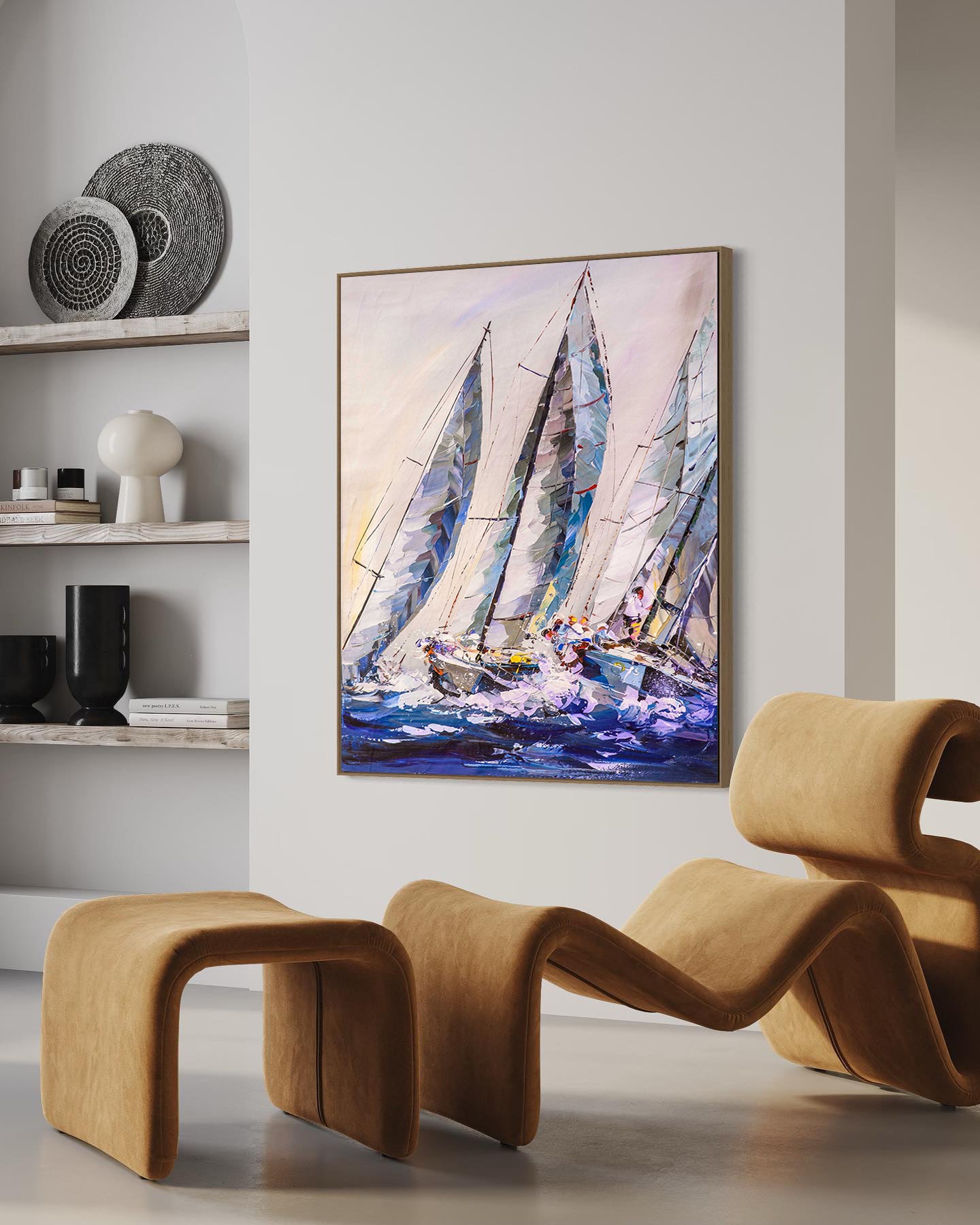 a painting of a sailboat in a living room