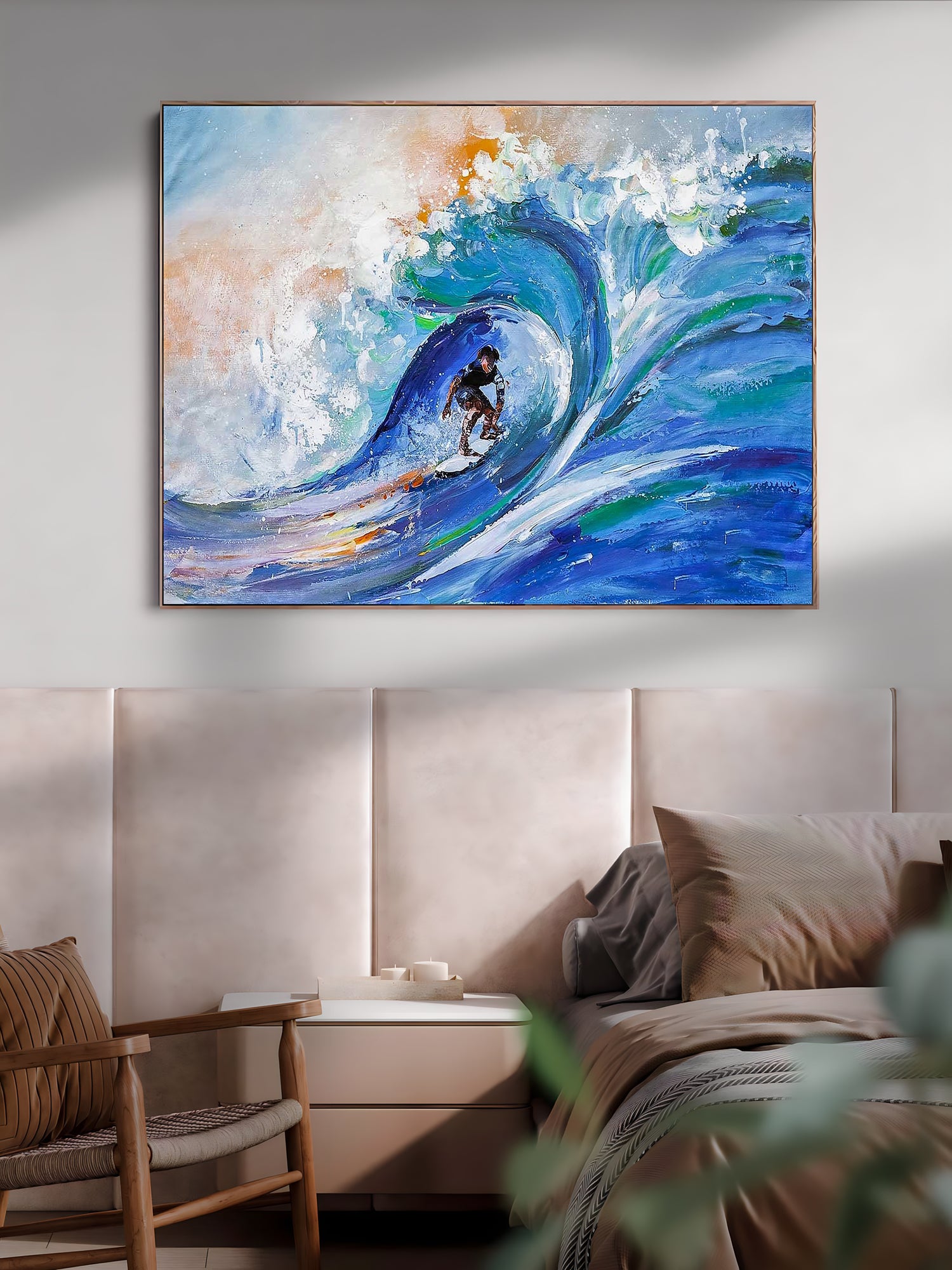 a painting of a man surfing on a wave